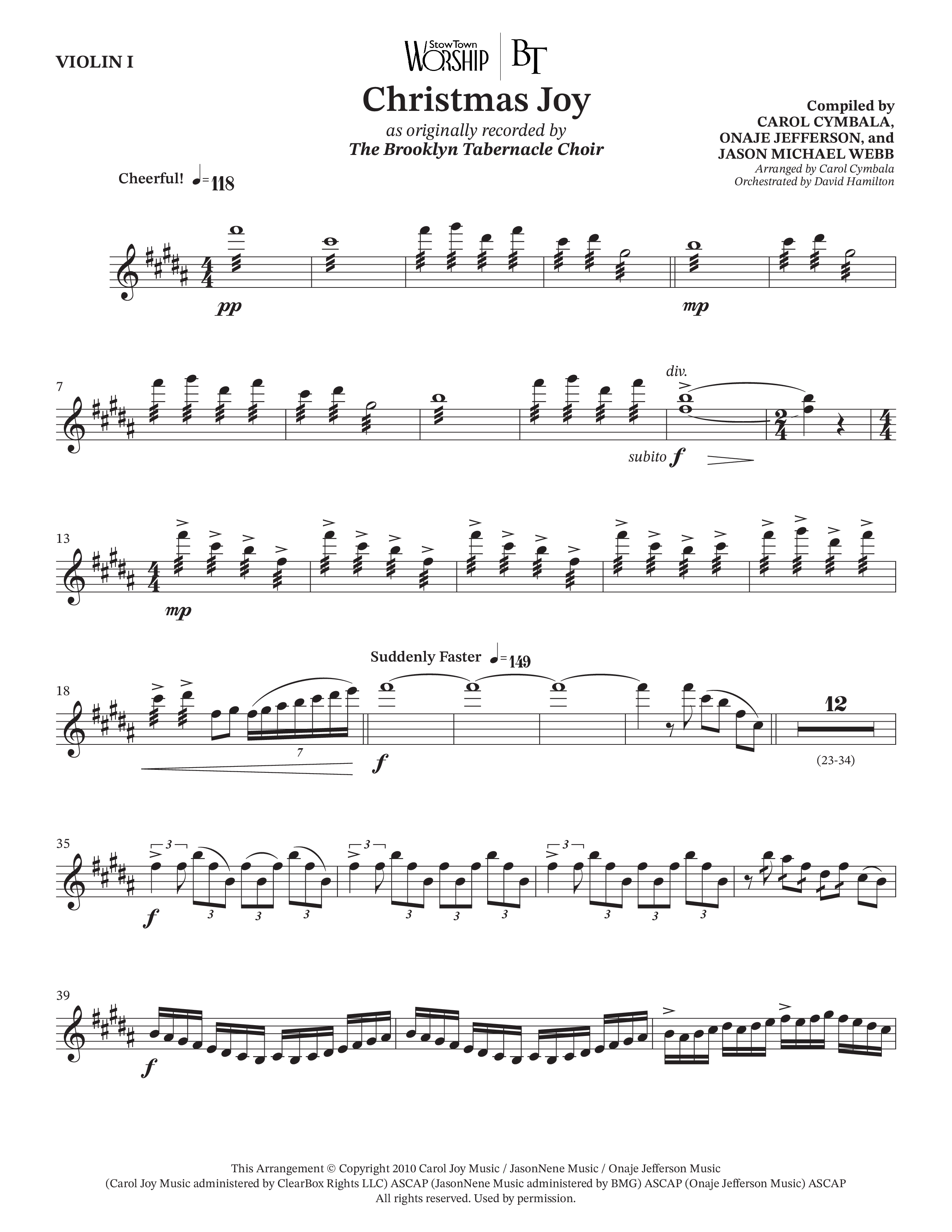 Christmas Joy (Choral Anthem SATB) Violin 1 (The Brooklyn Tabernacle Choir / TaRanda Greene / Anthony Evans / Arr. Carol Cymbala / Orch. David Hamilton)
