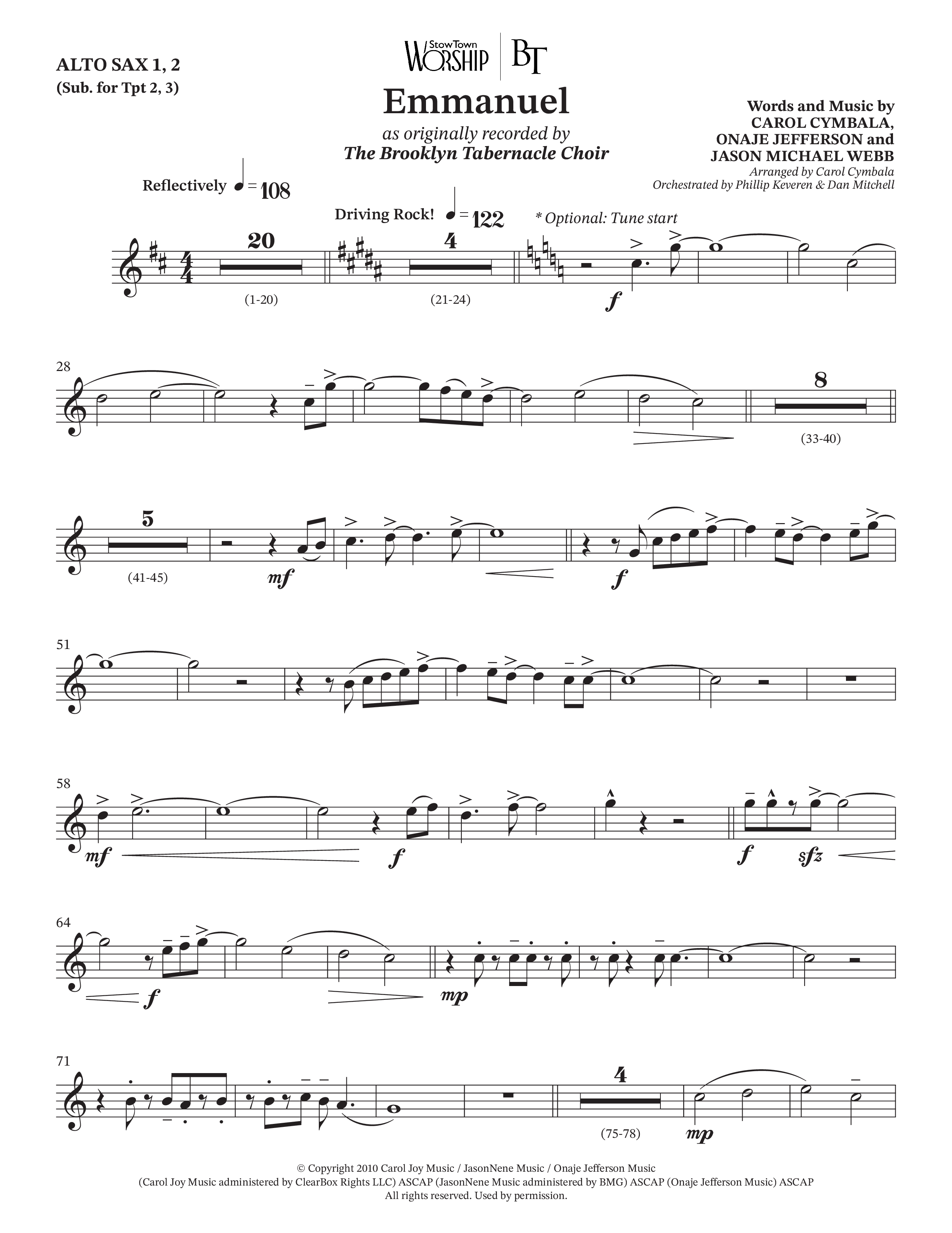 Emmanuel (Choral Anthem SATB) Alto Sax 1/2 (The Brooklyn Tabernacle Choir / Arr. Carol Cymbala / Orch. Phillip Keveren / Orch. Dan Mitchell)