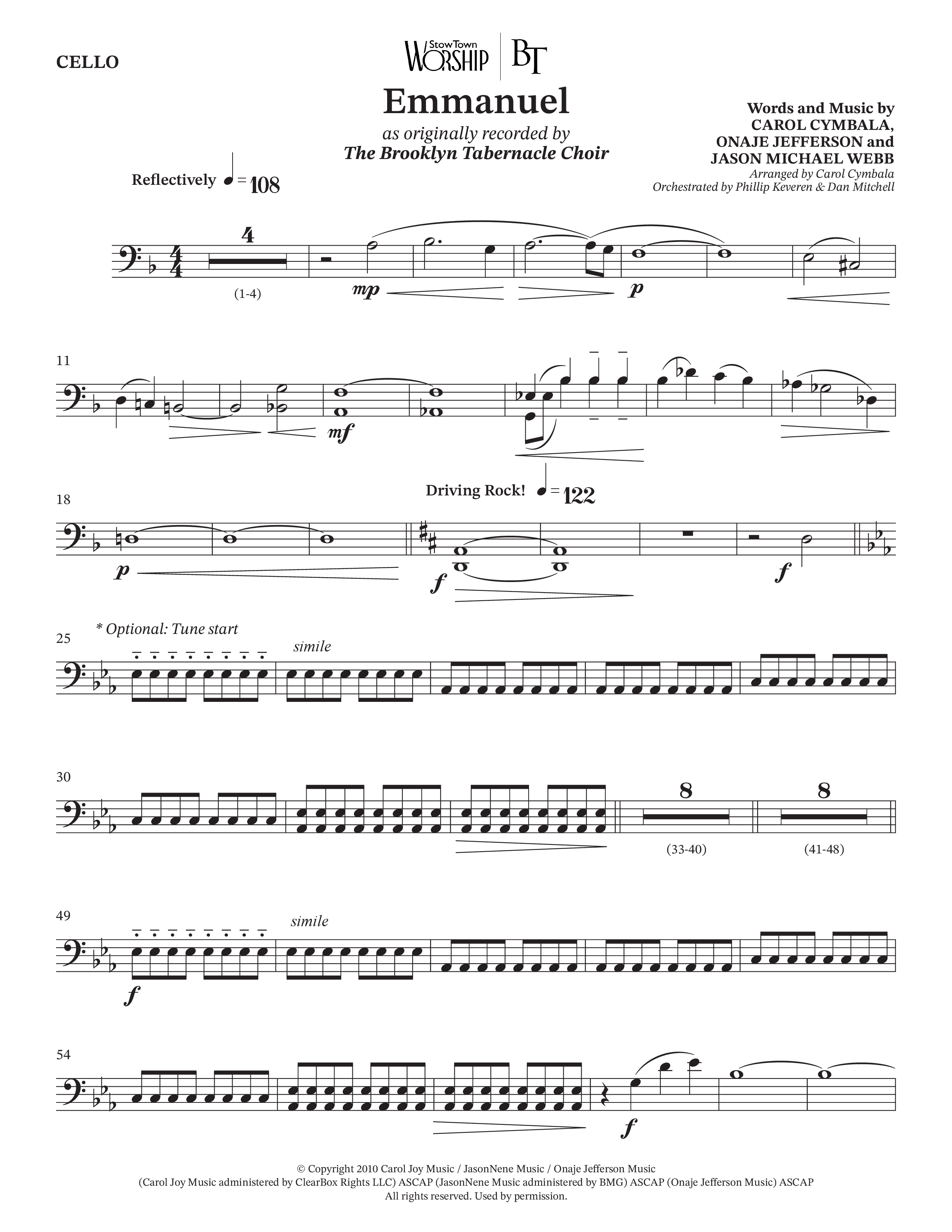 Emmanuel (Choral Anthem SATB) Cello (The Brooklyn Tabernacle Choir / Arr. Carol Cymbala / Orch. Phillip Keveren / Orch. Dan Mitchell)