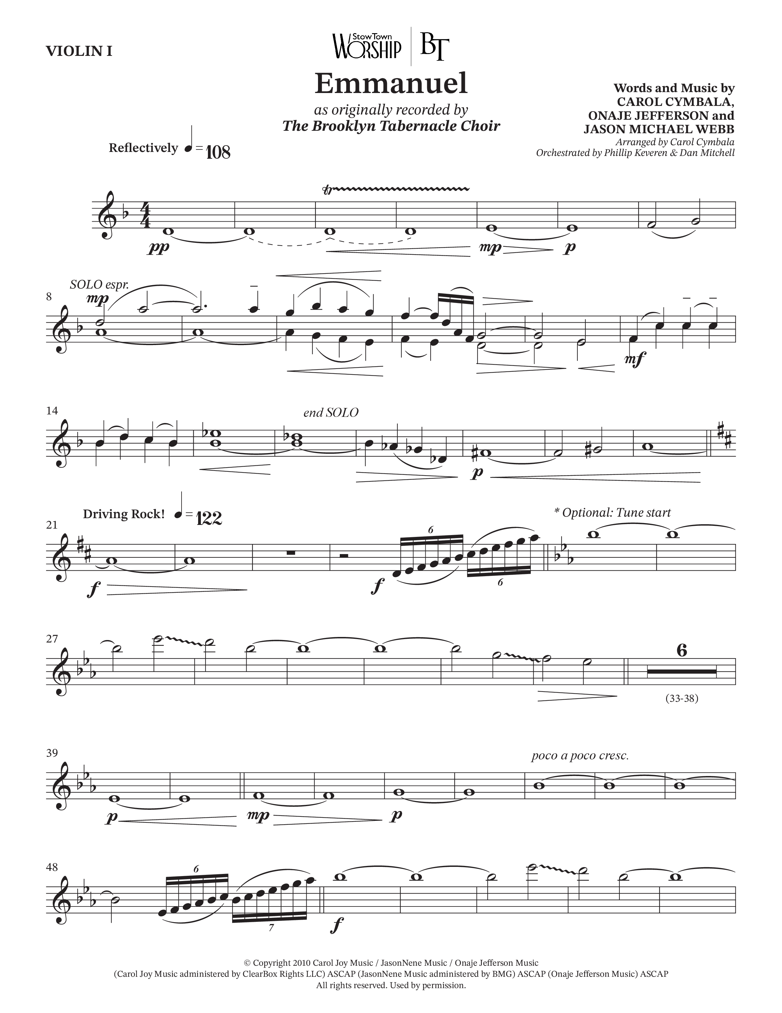 Emmanuel (Choral Anthem SATB) Violin 1 (The Brooklyn Tabernacle Choir / Arr. Carol Cymbala / Orch. Phillip Keveren / Orch. Dan Mitchell)