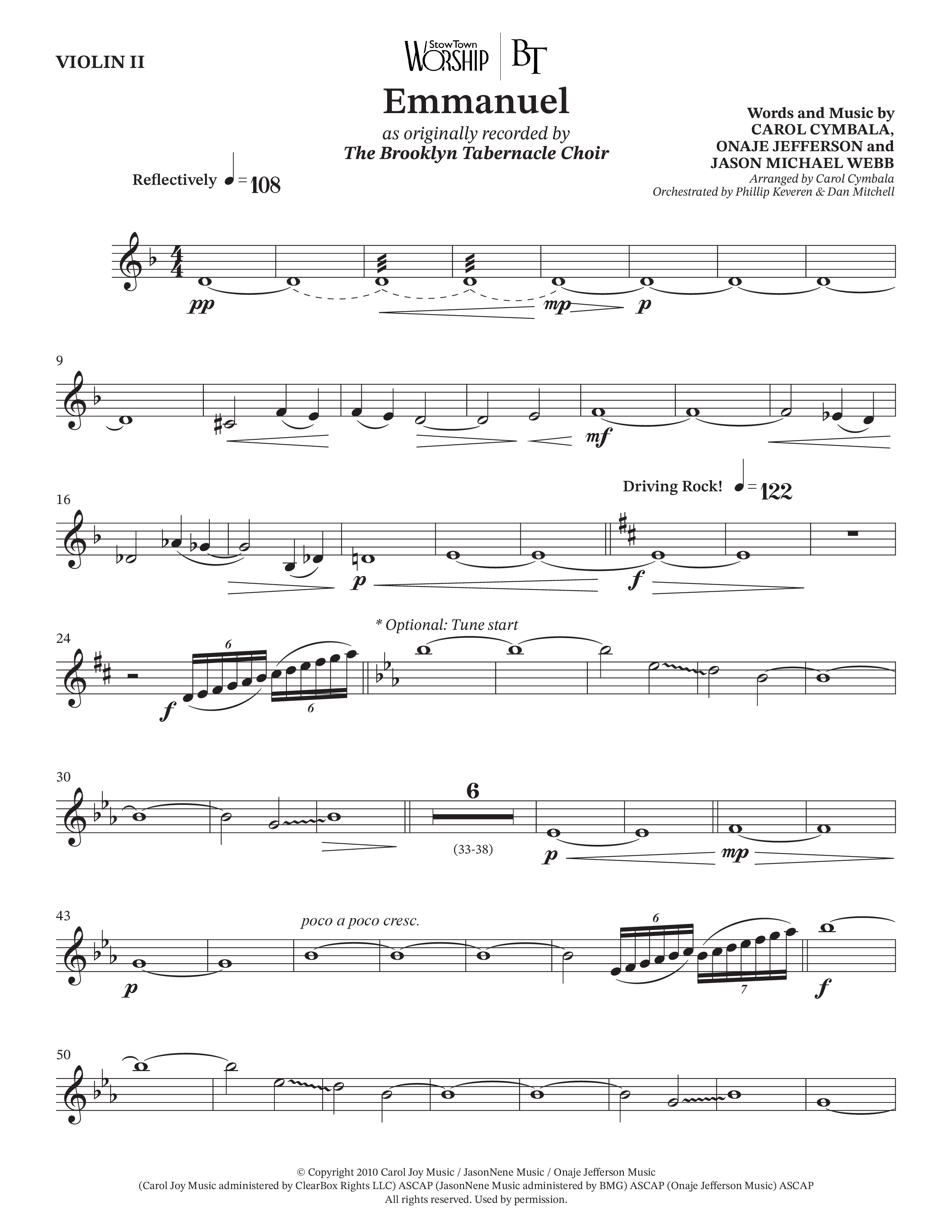 Emmanuel (Choral Anthem SATB) Violin 2 (The Brooklyn Tabernacle Choir / Arr. Carol Cymbala / Orch. Phillip Keveren / Orch. Dan Mitchell)