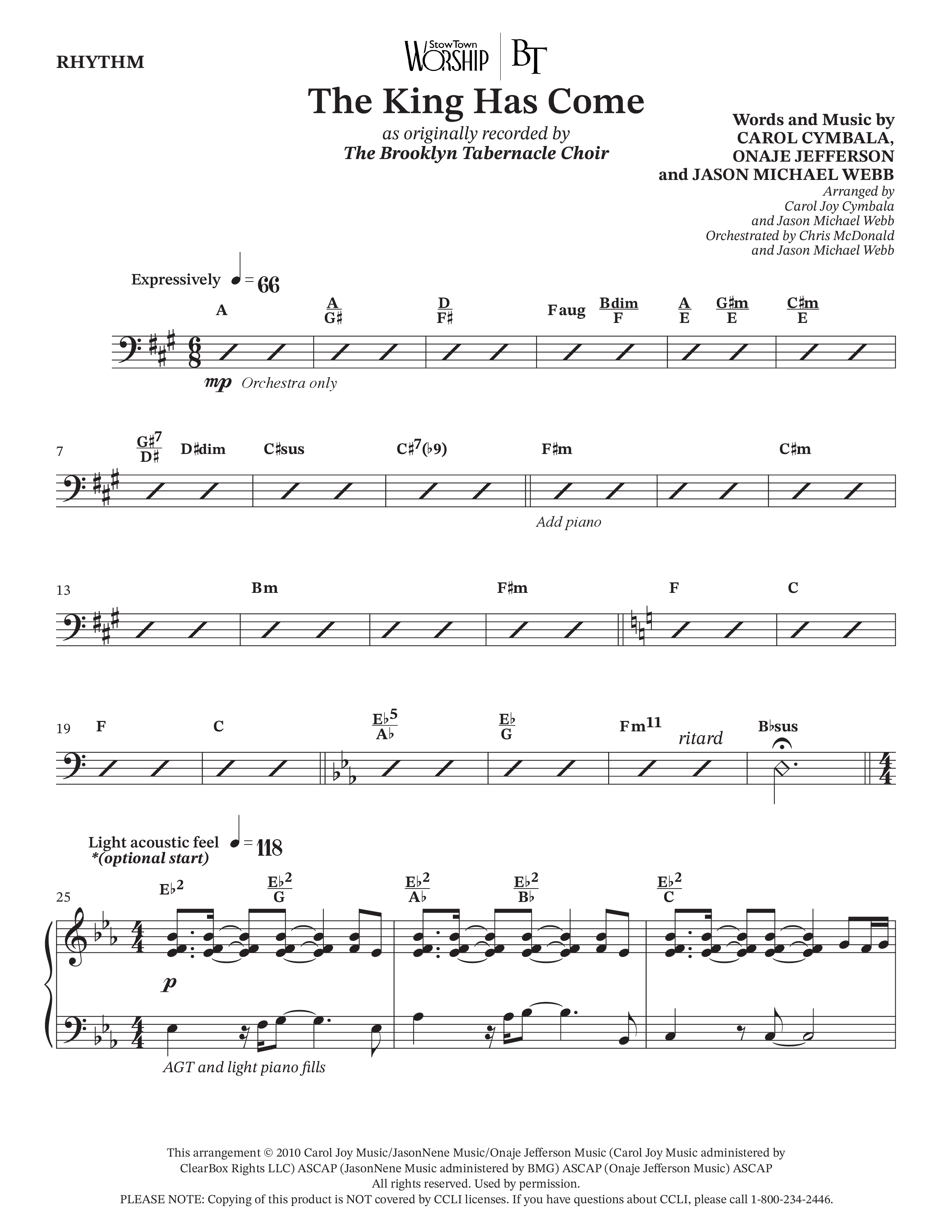 The King Has Come (Choral Anthem SATB) Rhythm Chart (The Brooklyn Tabernacle Choir / Arr. Carol Cymbala / Orch. Chris McDonald / Orch. Jason Michael Webb)