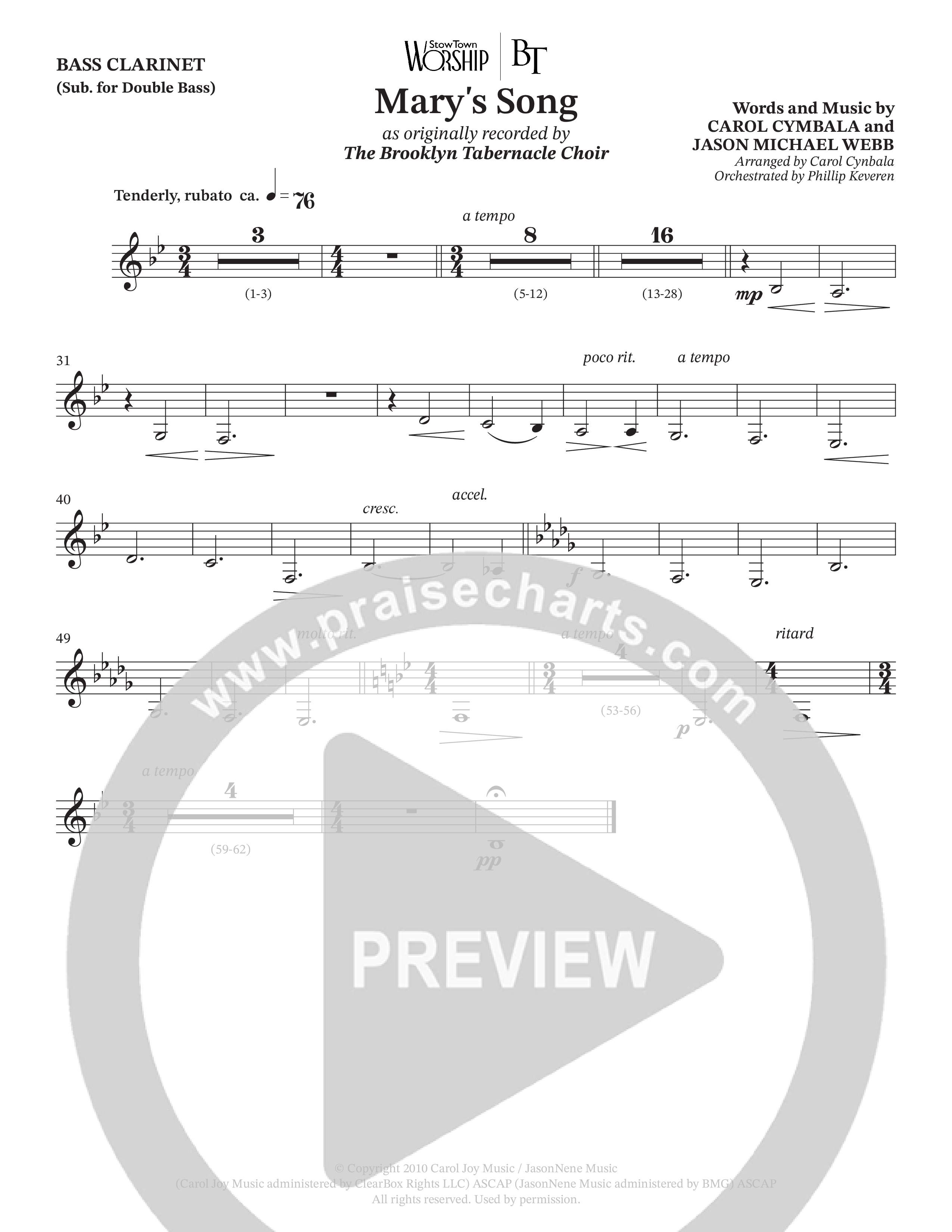 Mary's Song (Choral Anthem SATB) Bass Clarinet (The Brooklyn Tabernacle Choir / Arr. Carol Cymbala / Orch. Phillip Keveren)