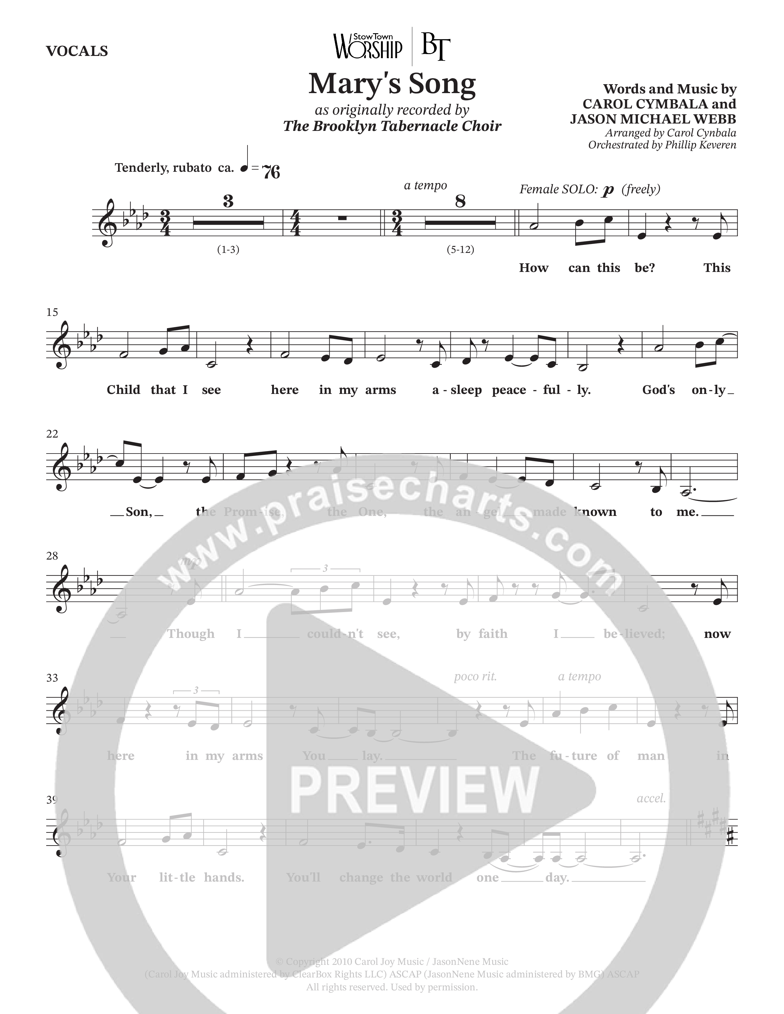 Mary's Song (Choral Anthem SATB) Lead Sheet Melody (The Brooklyn Tabernacle Choir / Arr. Carol Cymbala / Orch. Phillip Keveren)