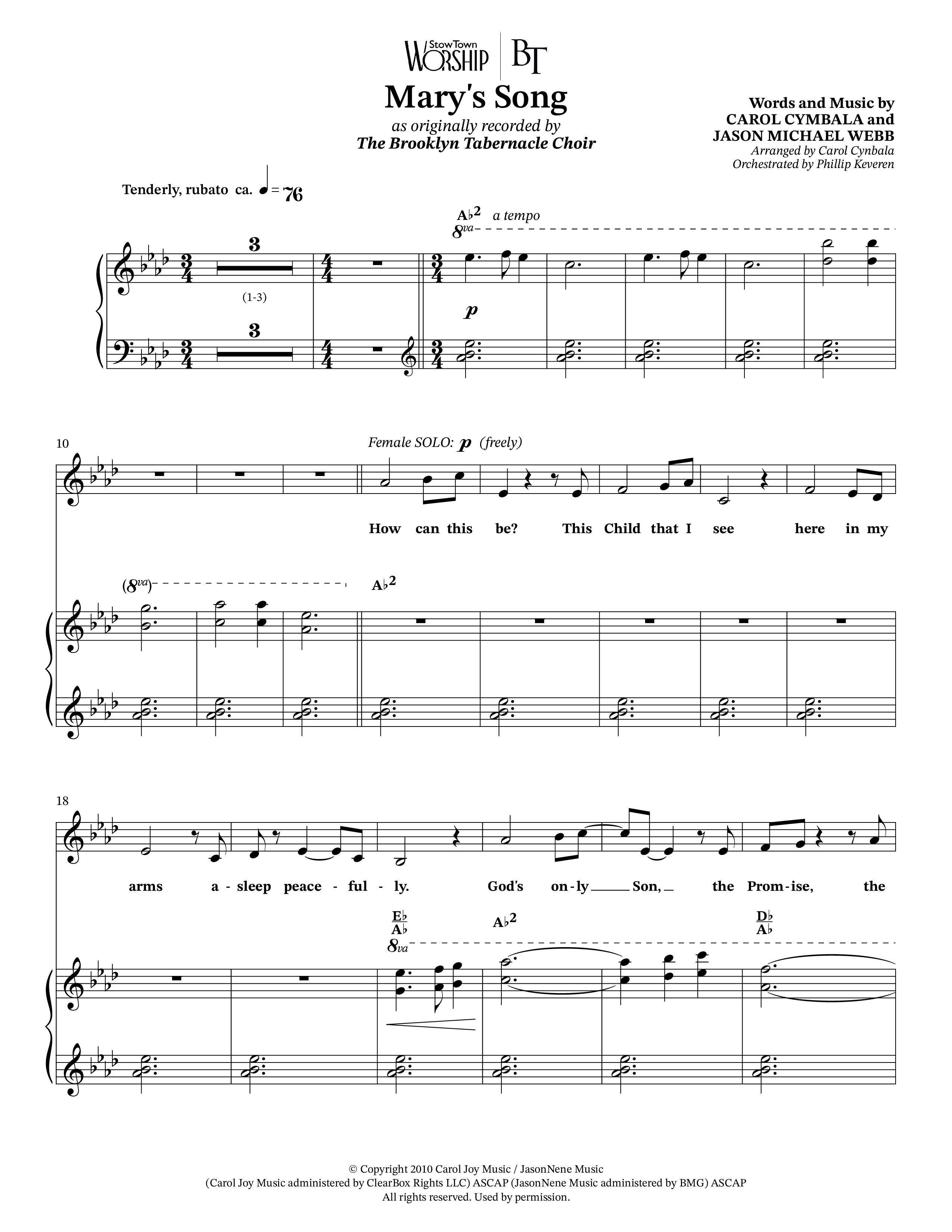 Mary's Song (Choral Anthem SATB) Piano/Vocal (Melody) (The Brooklyn Tabernacle Choir / Arr. Carol Cymbala / Orch. Phillip Keveren)
