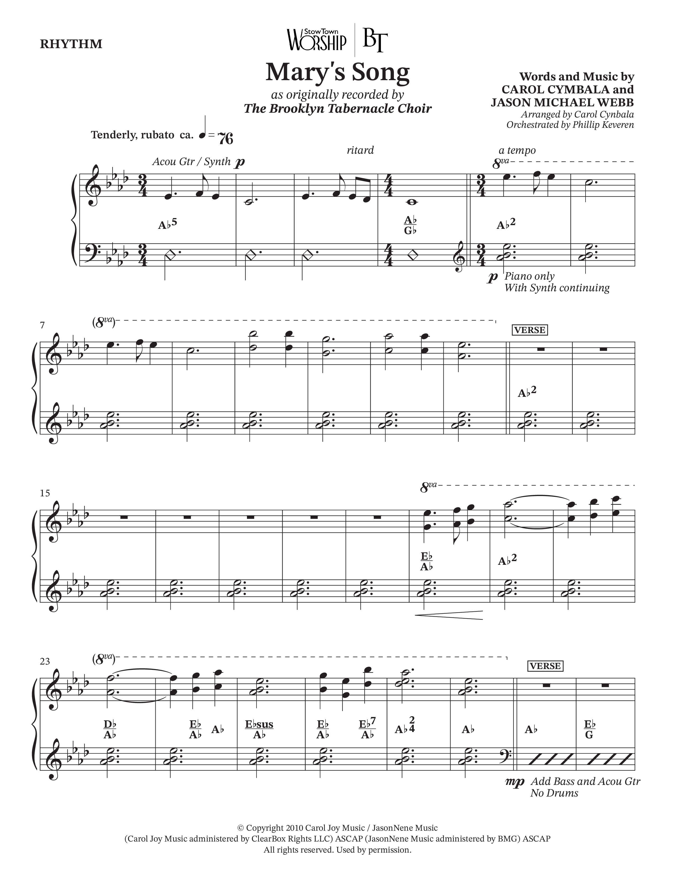 Mary's Song (Choral Anthem SATB) Rhythm Chart (The Brooklyn Tabernacle Choir / Arr. Carol Cymbala / Orch. Phillip Keveren)