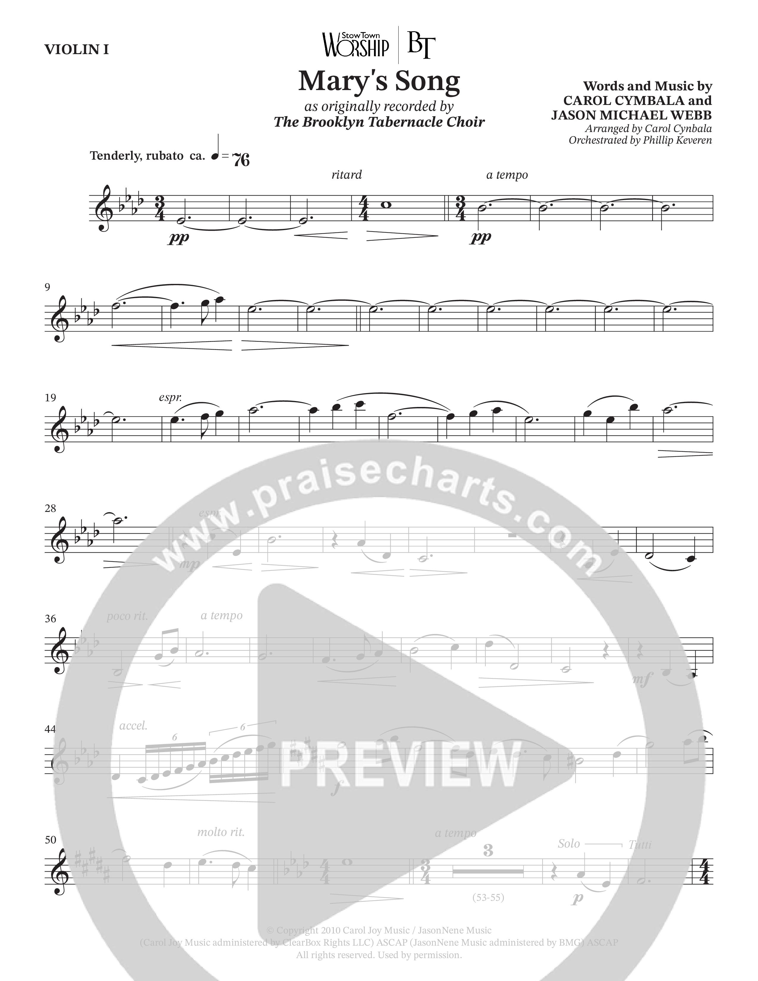 Mary's Song (Choral Anthem SATB) Violin 1 (The Brooklyn Tabernacle Choir / Arr. Carol Cymbala / Orch. Phillip Keveren)