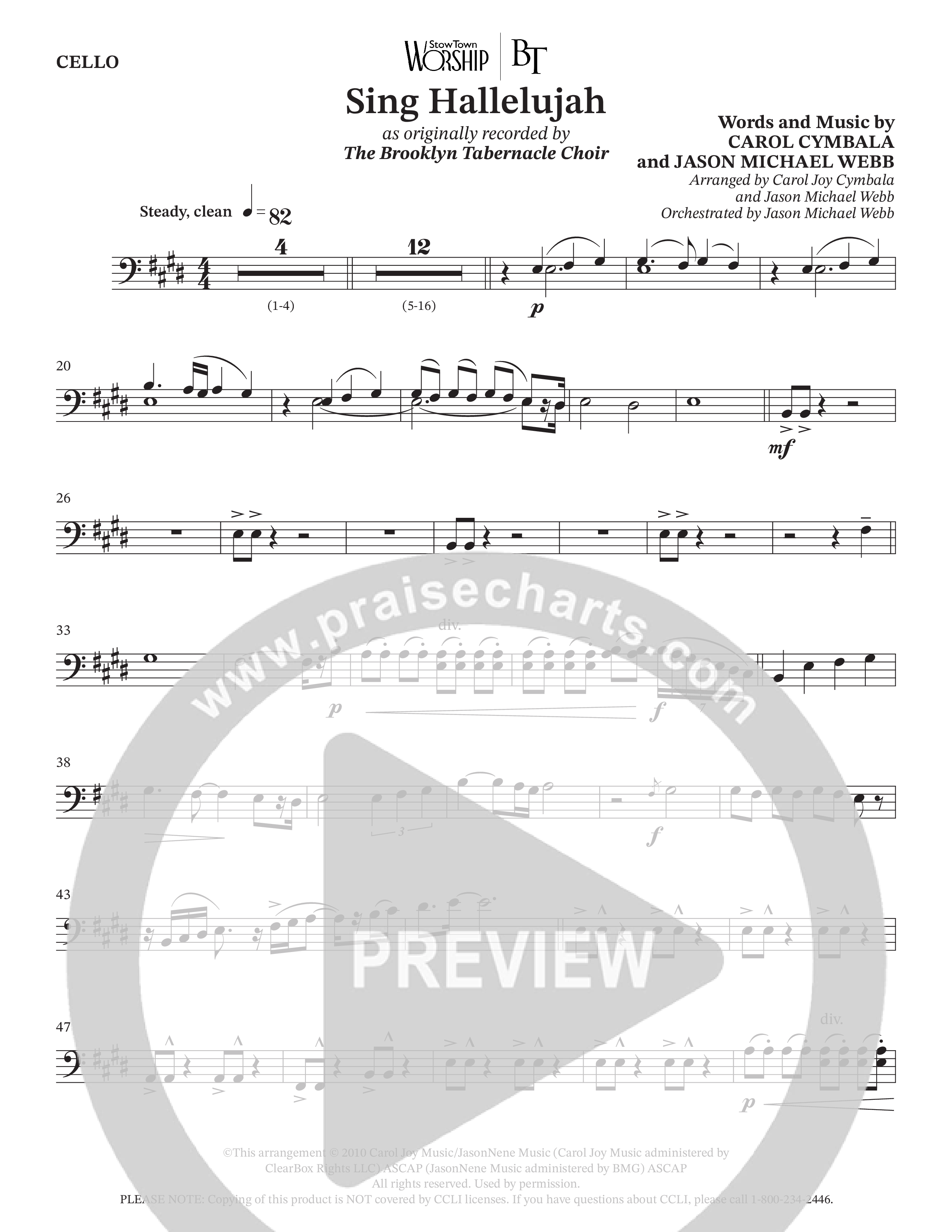 Sing Hallelujah (Choral Anthem SATB) Cello (The Brooklyn Tabernacle Choir / Arr. Carol Cymbala / Orch. Jason Michael Webb)