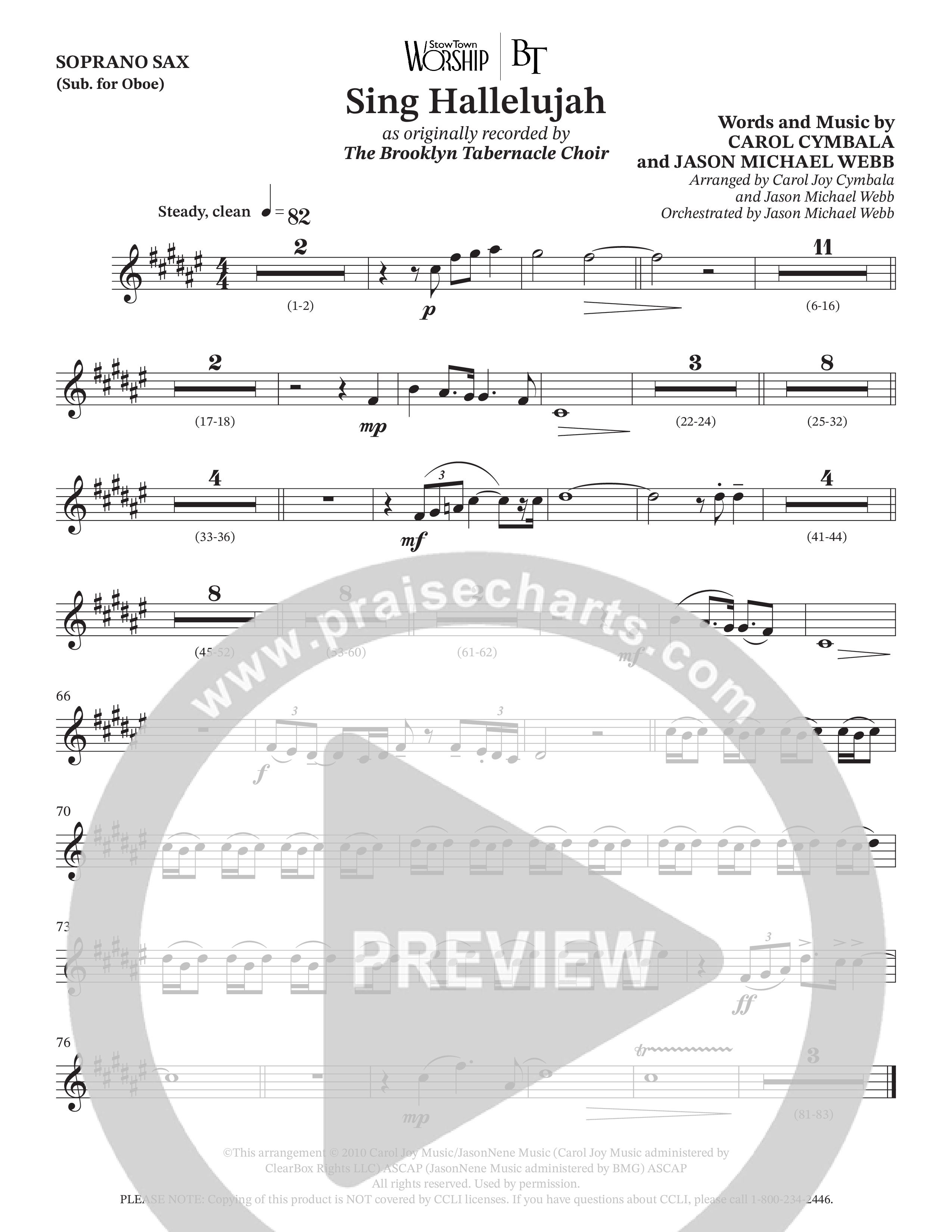 Sing Hallelujah (Choral Anthem SATB) Soprano Sax (The Brooklyn Tabernacle Choir / Arr. Carol Cymbala / Orch. Jason Michael Webb)