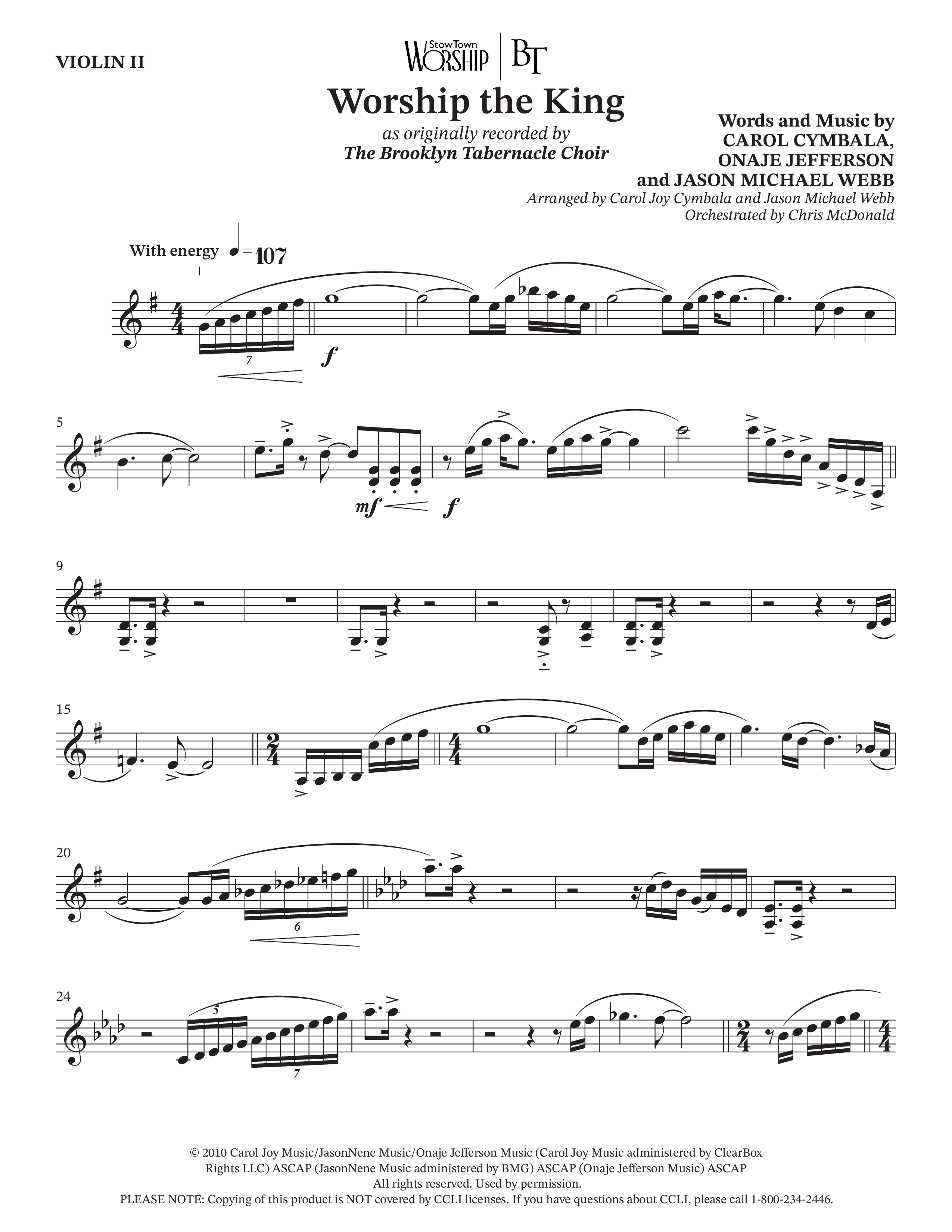 Worship The King (Choral Anthem SATB) Violin 2 (The Brooklyn Tabernacle Choir / Anthony Evans / Arr. Carol Cymbala / Arr. Jason Webb / Orch. Chris McDonald)