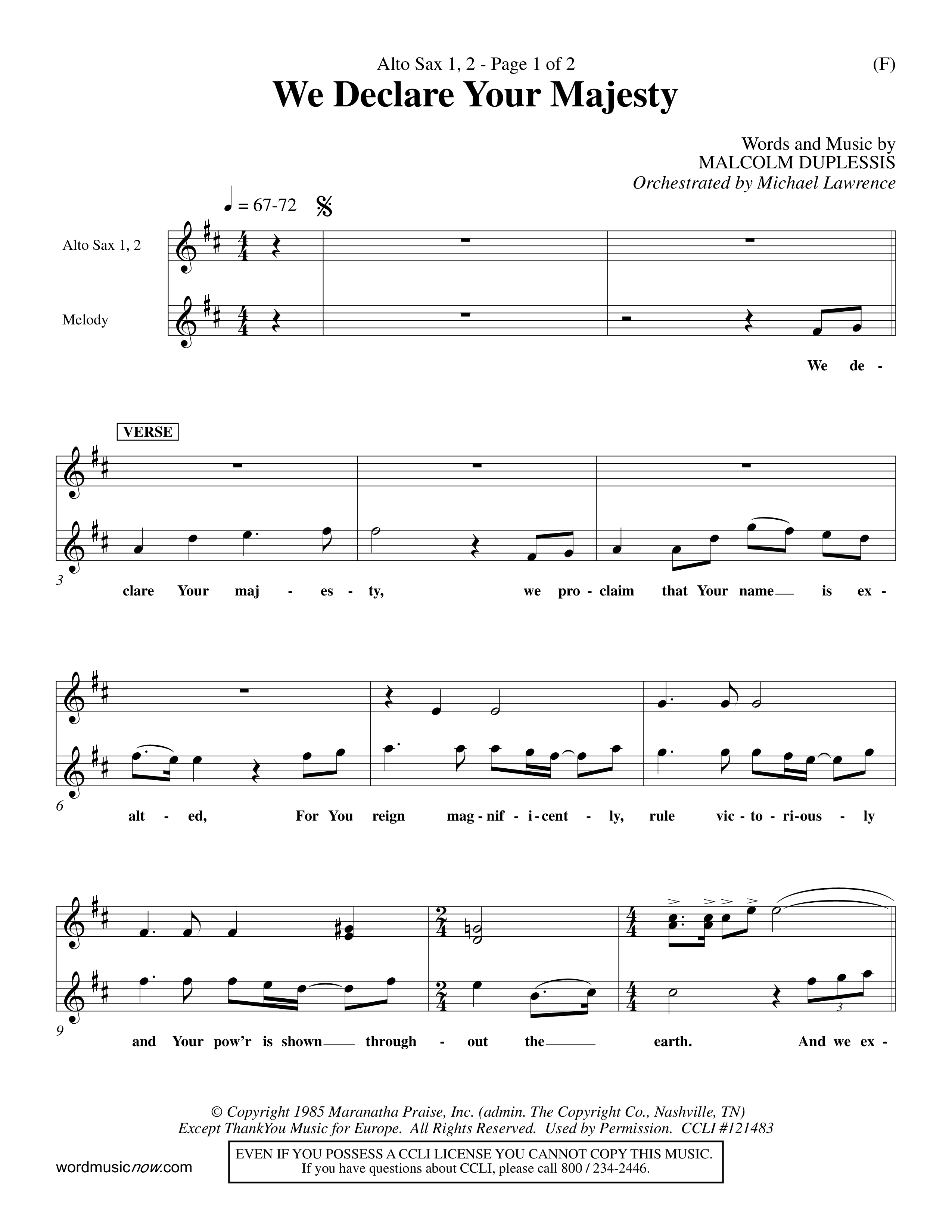We Declare Your Majesty (Choral Anthem SATB) Alto Sax 1/2 (Word Music Choral / Orch. Michael Lawrence)