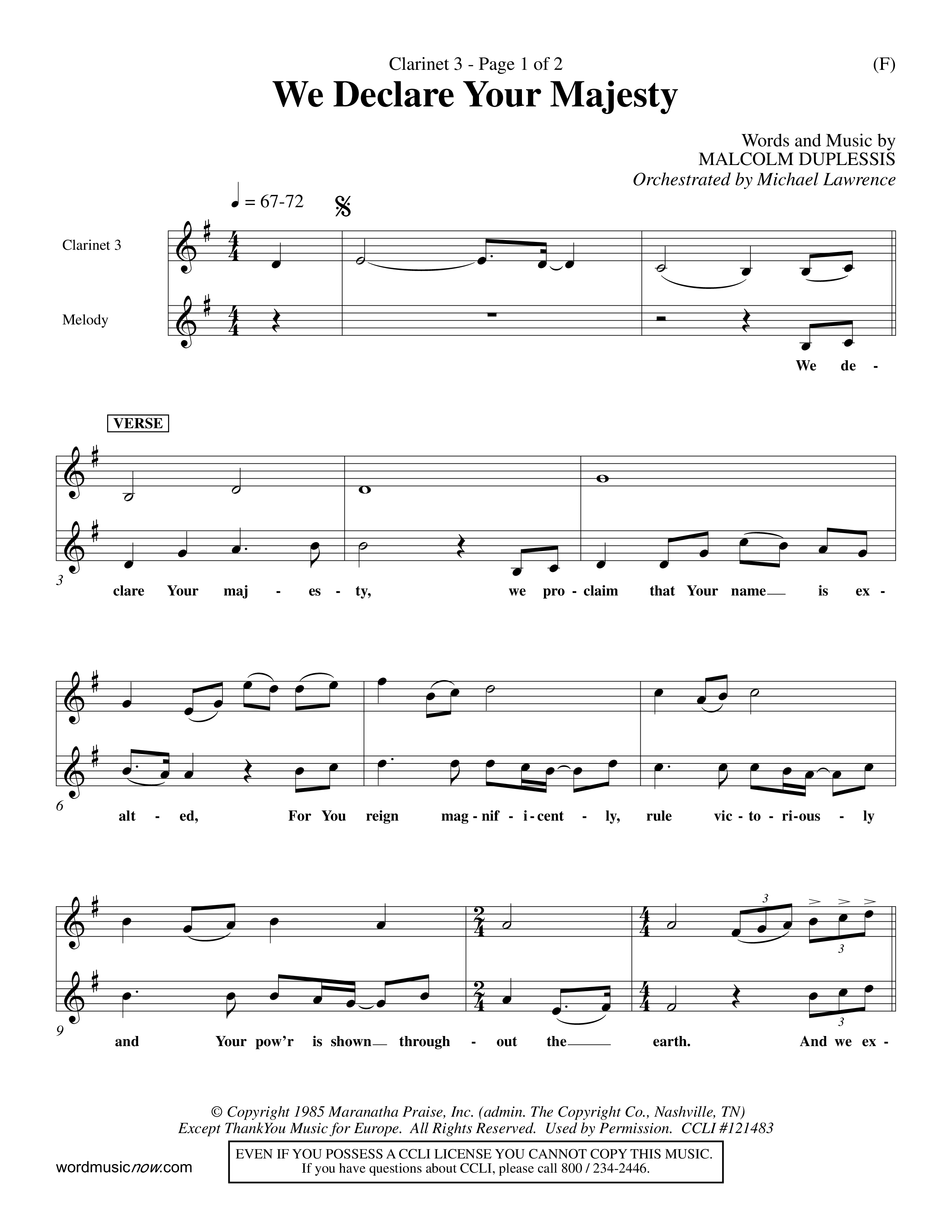 We Declare Your Majesty (Choral Anthem SATB) Clarinet 3 (Word Music Choral / Orch. Michael Lawrence)