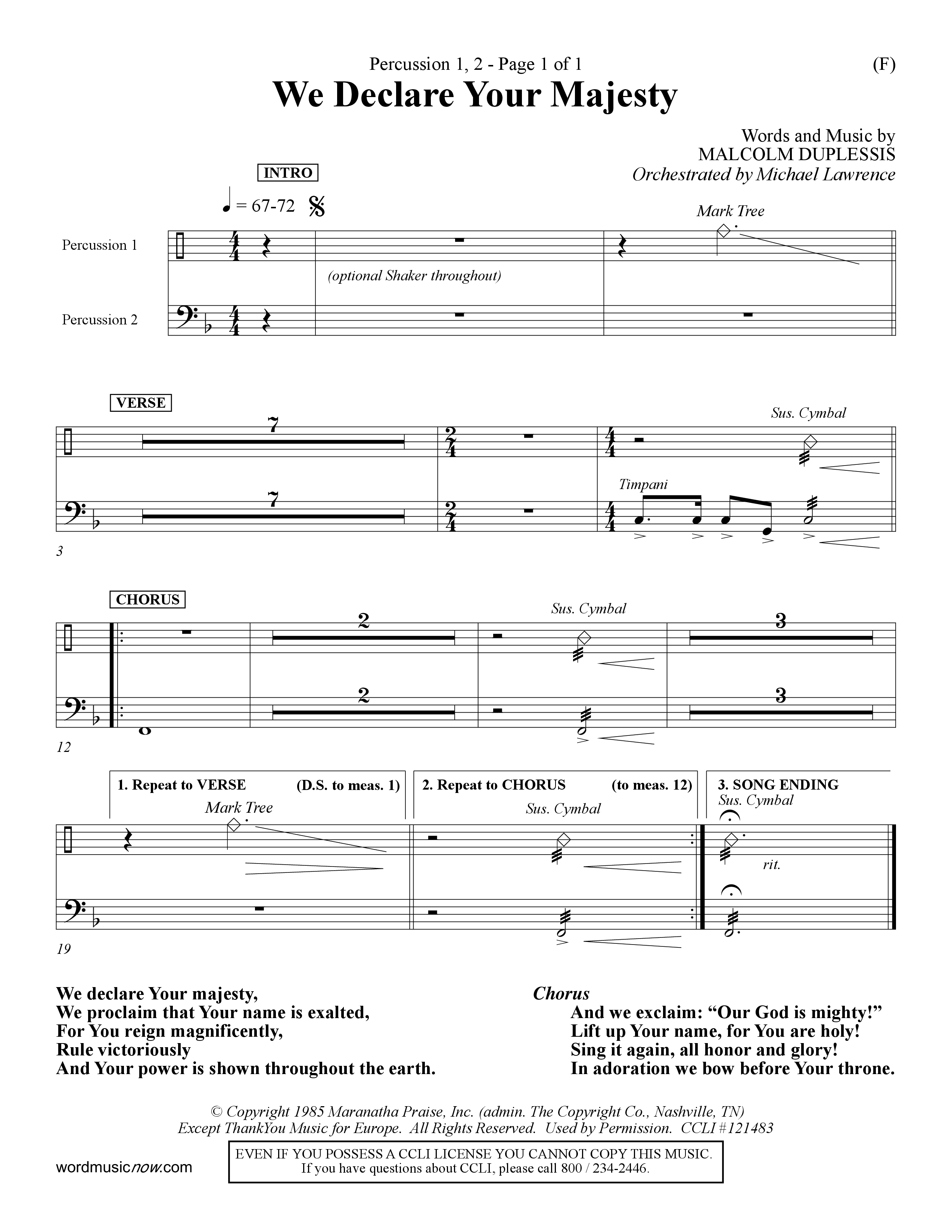 We Declare Your Majesty (Choral Anthem SATB) Percussion 1/2 (Word Music Choral / Orch. Michael Lawrence)