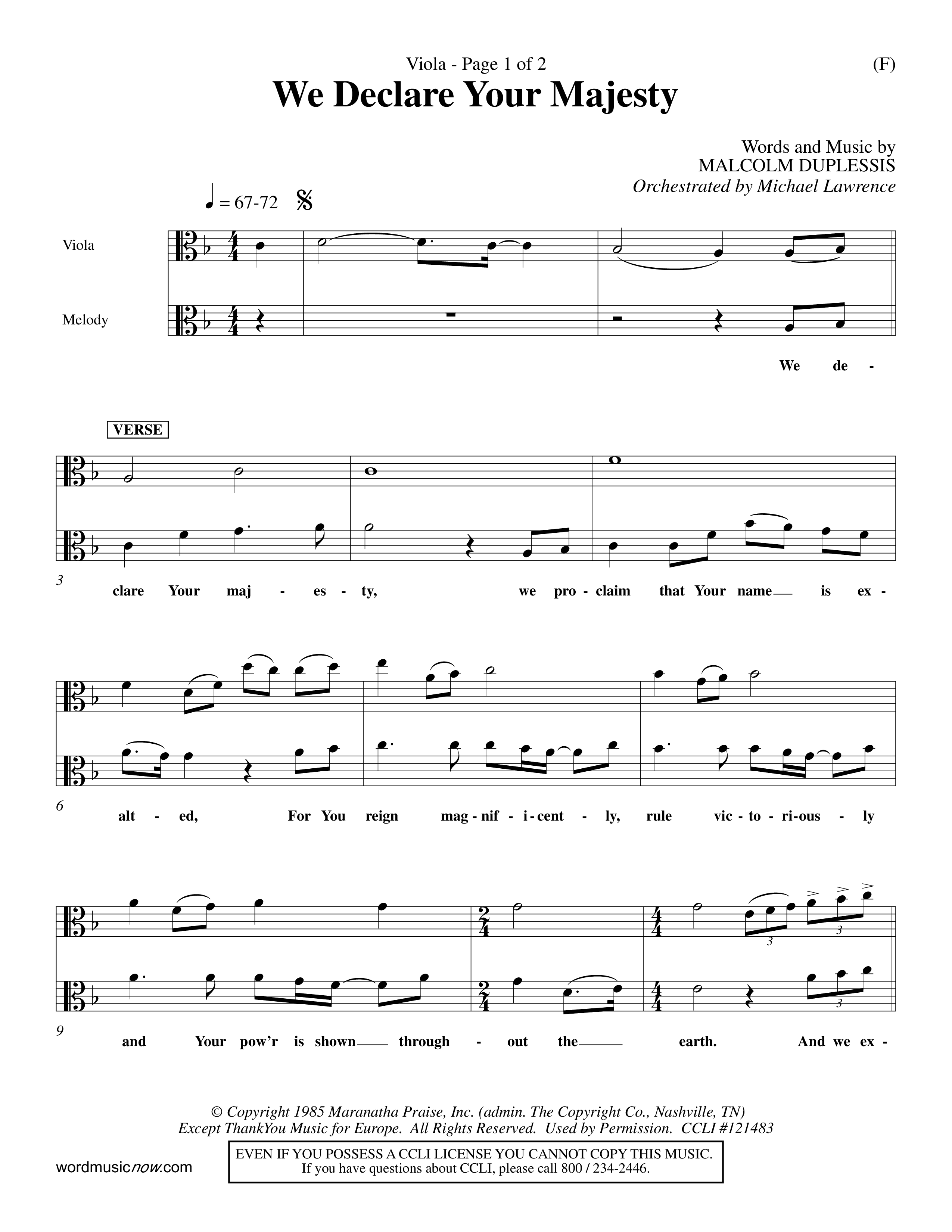 We Declare Your Majesty (Choral Anthem SATB) Viola (Word Music Choral / Orch. Michael Lawrence)
