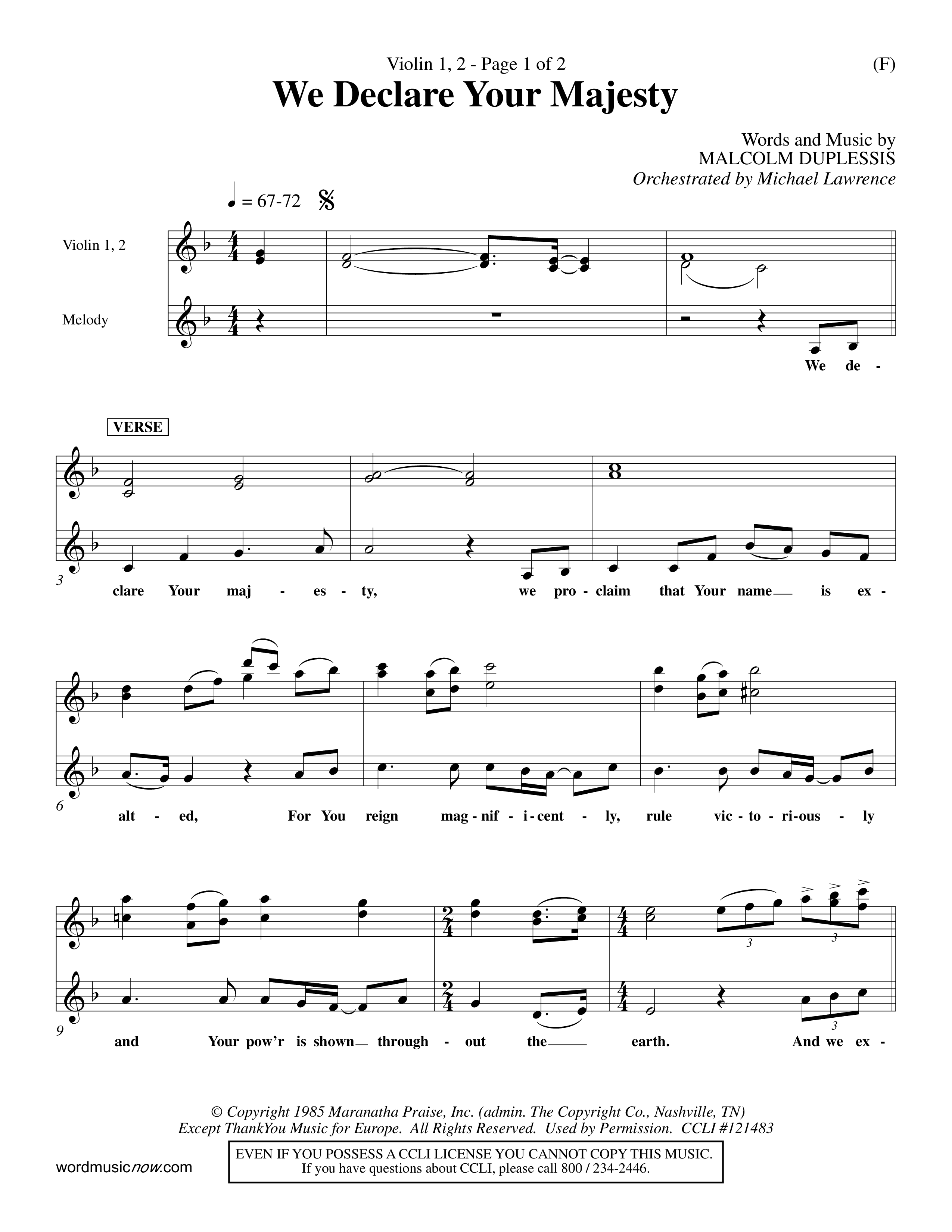 We Declare Your Majesty (Choral Anthem SATB) Violin 1/2 (Word Music Choral / Orch. Michael Lawrence)