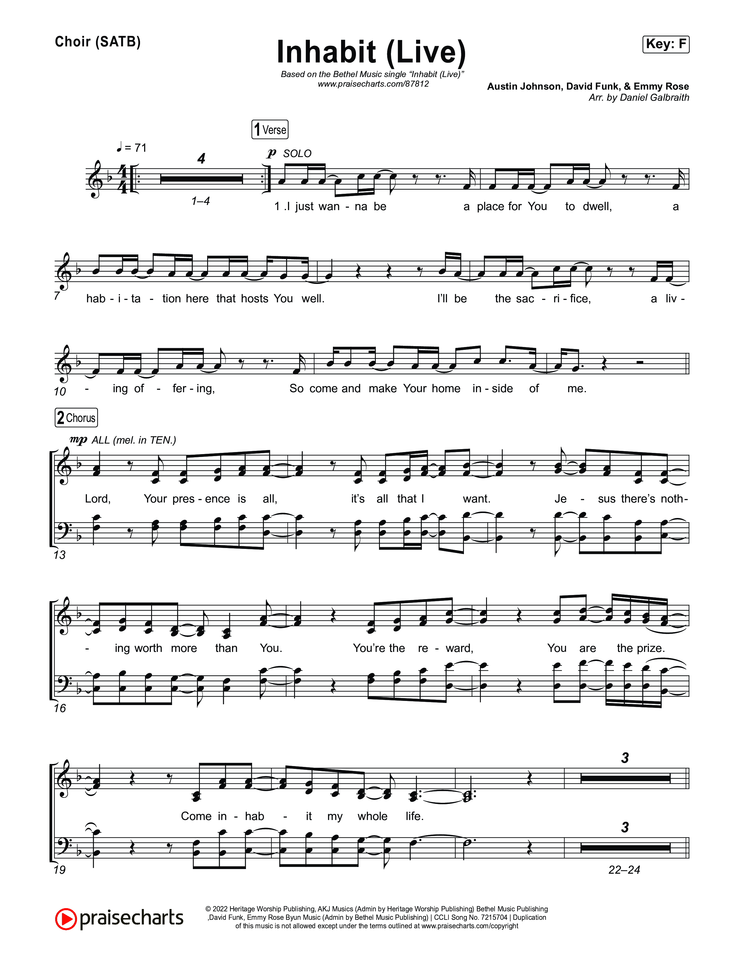 Inhabit (Live) Choir Sheet (SATB) (Bethel Music / Austin Johnson / Kory Miller / Hannah Waters)