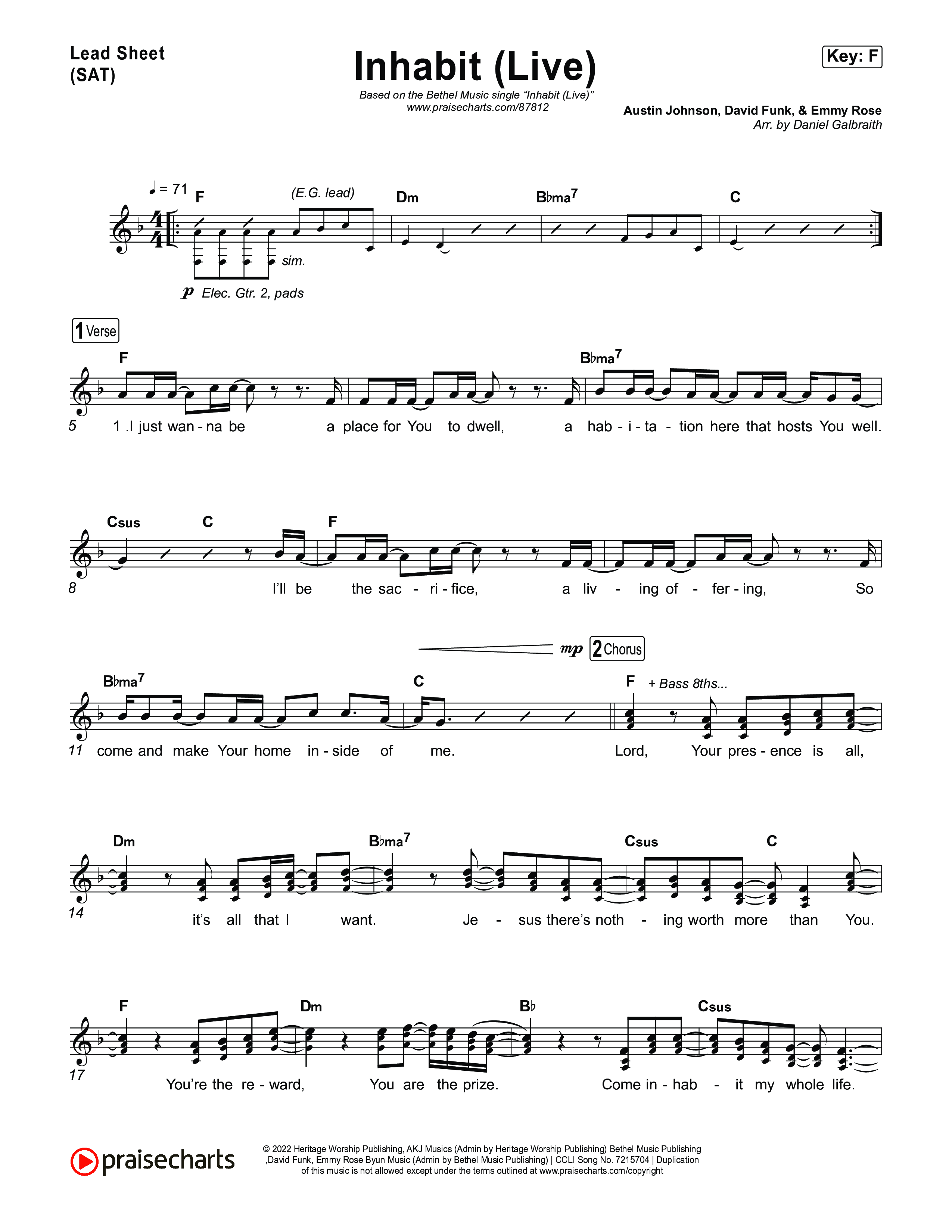 Inhabit (Live) Lead Sheet (SAT) (Bethel Music / Austin Johnson / Kory Miller / Hannah Waters)