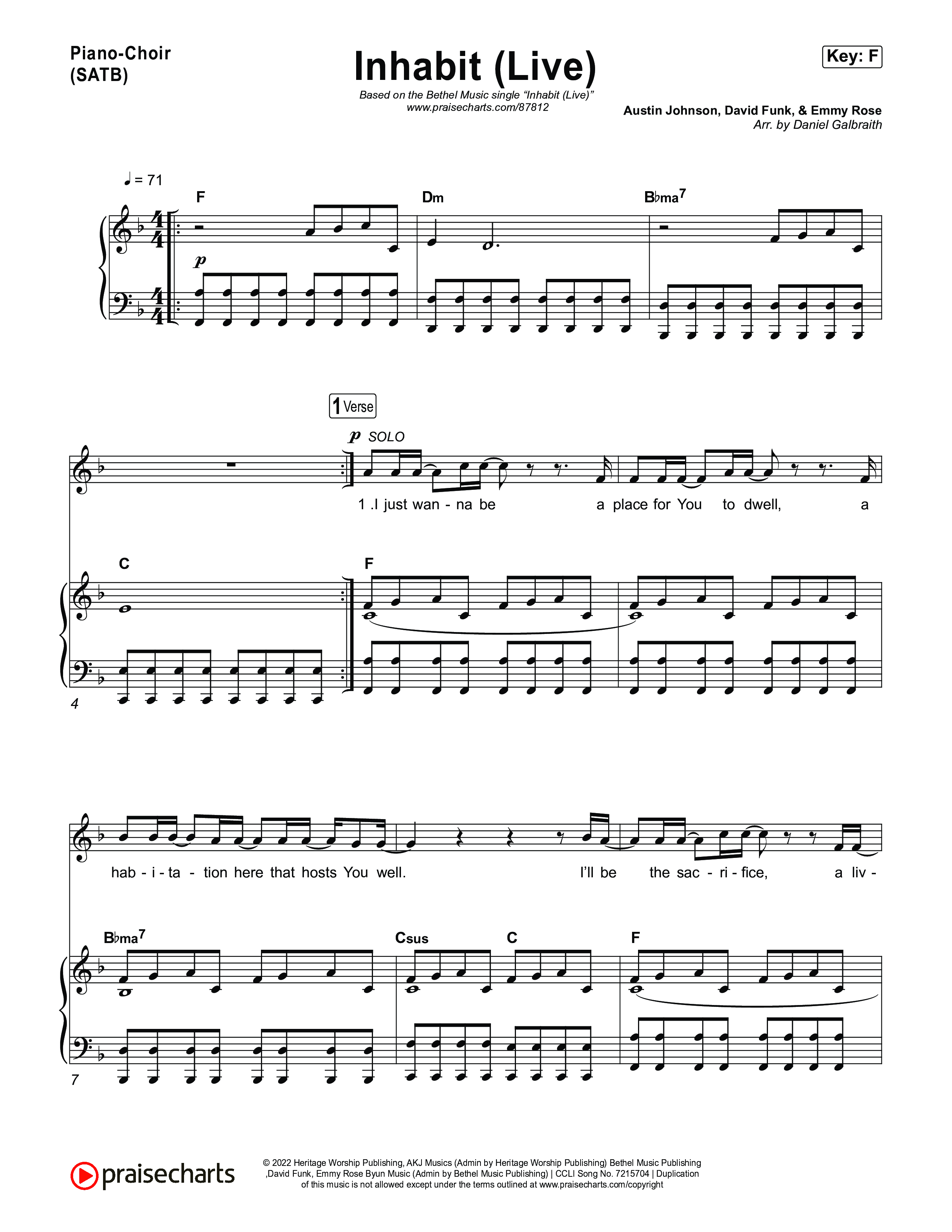 Inhabit (Live) Piano/Vocal (SATB) (Bethel Music / Austin Johnson / Kory Miller / Hannah Waters)