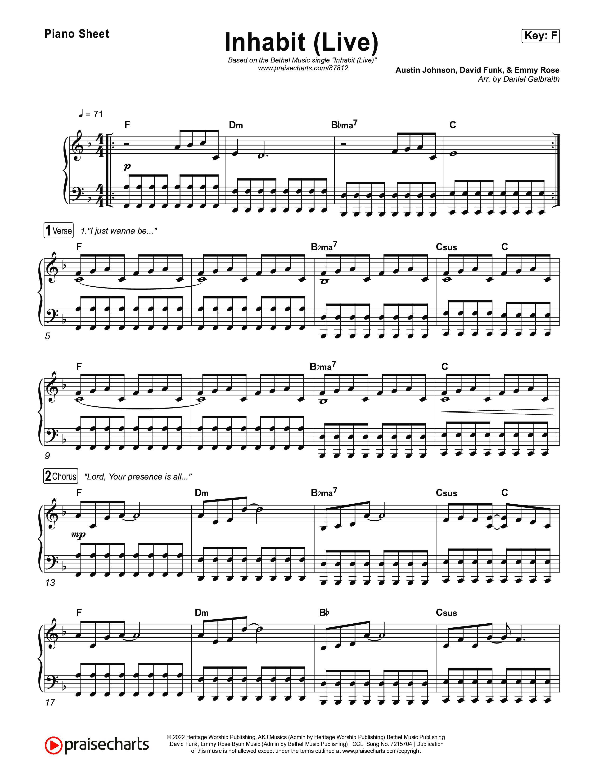 Inhabit (Live) Piano Sheet (Bethel Music / Austin Johnson / Kory Miller / Hannah Waters)