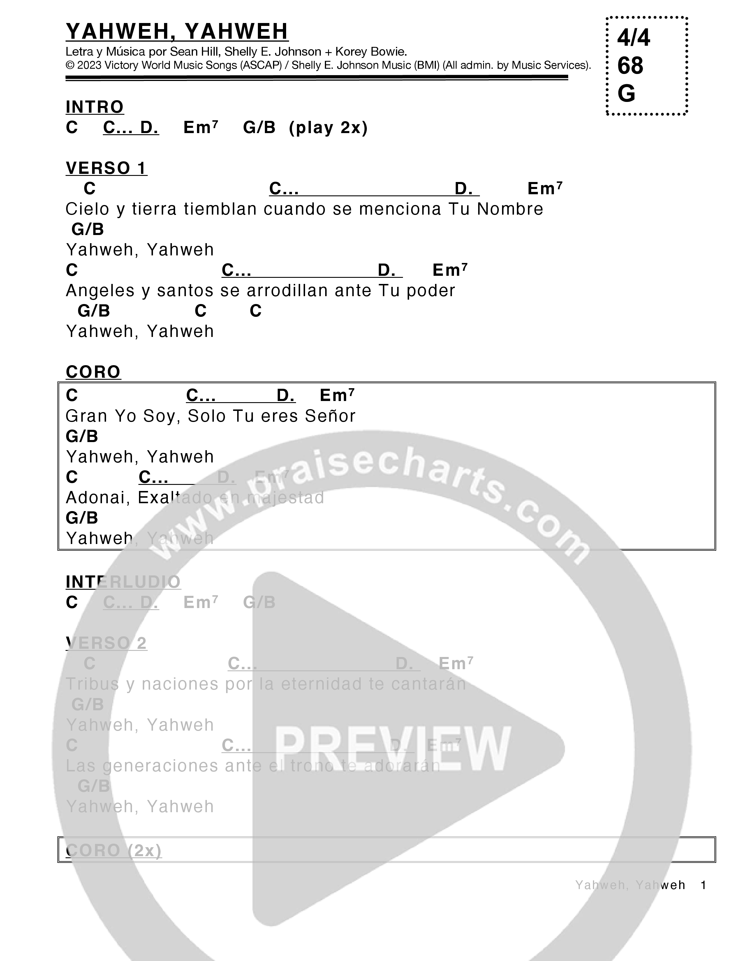 Yahweh Yahweh Chord Chart (Victory House Worship)