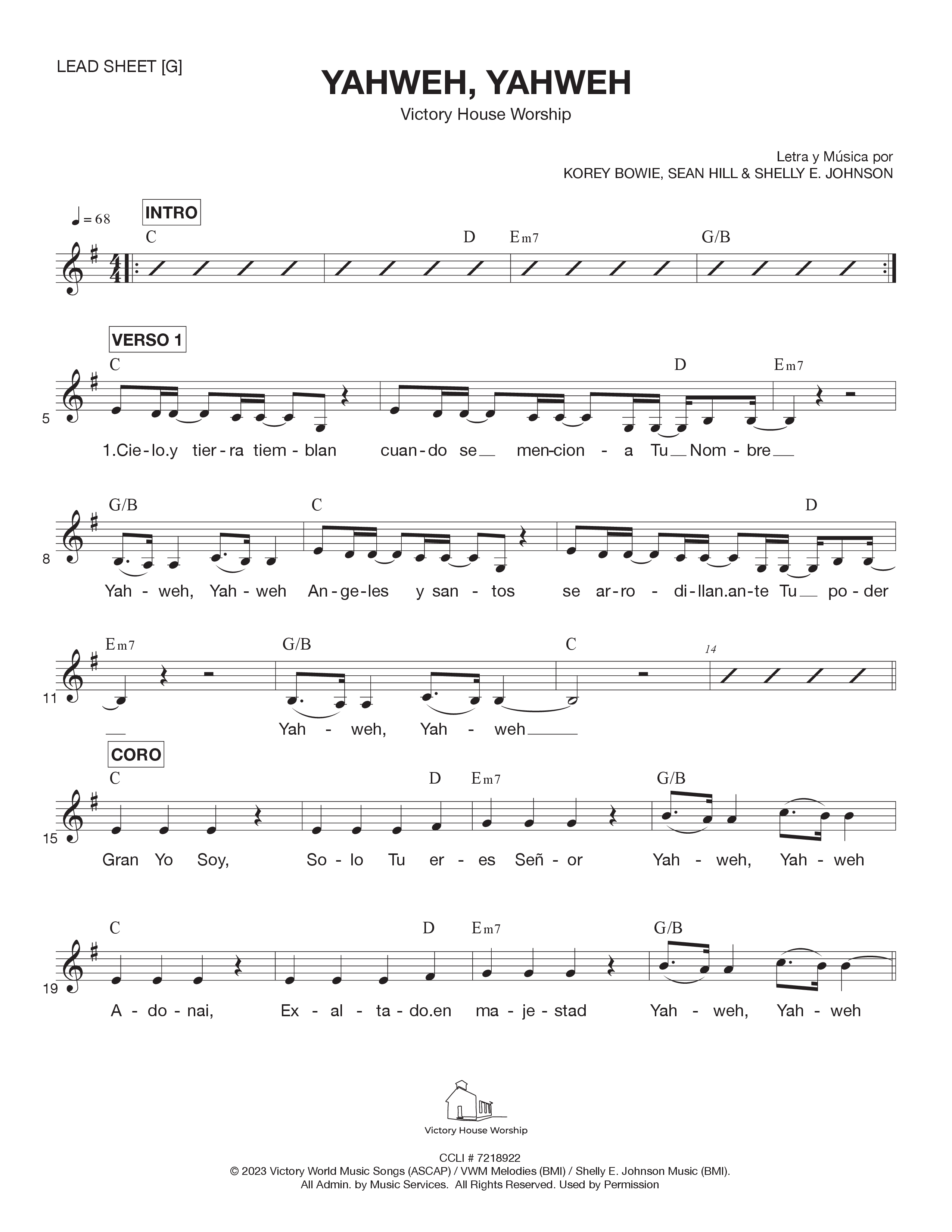 Yahweh Yahweh Lead Sheet Melody (Victory House Worship)