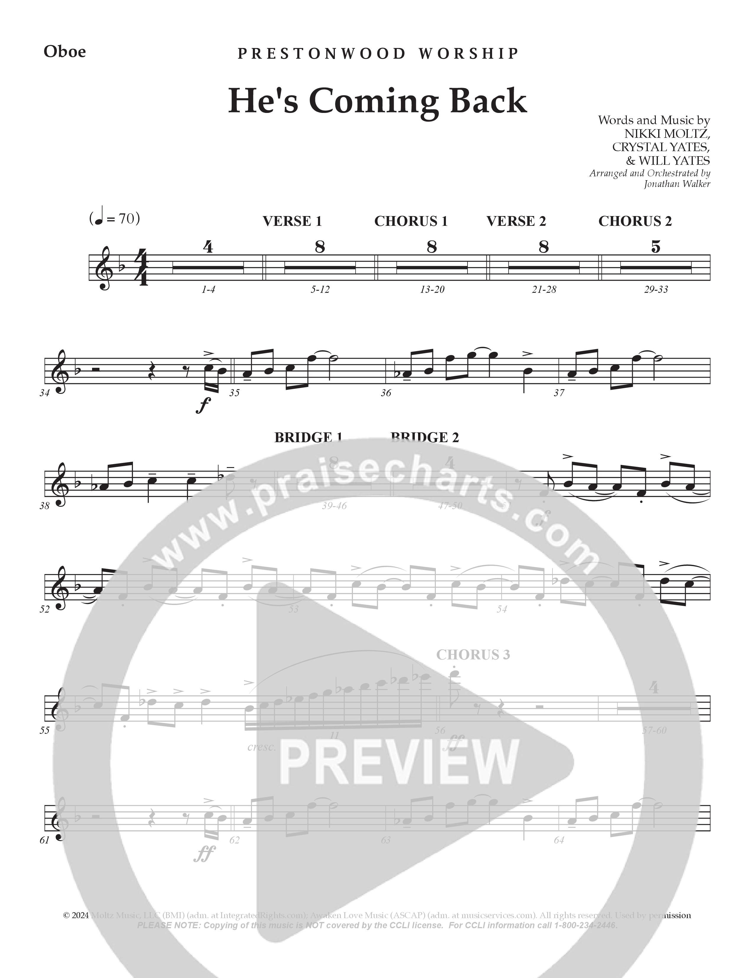 He's Coming Back (Choral Anthem SATB) Oboe (Prestonwood Worship / Arr. Jonathan Walker)