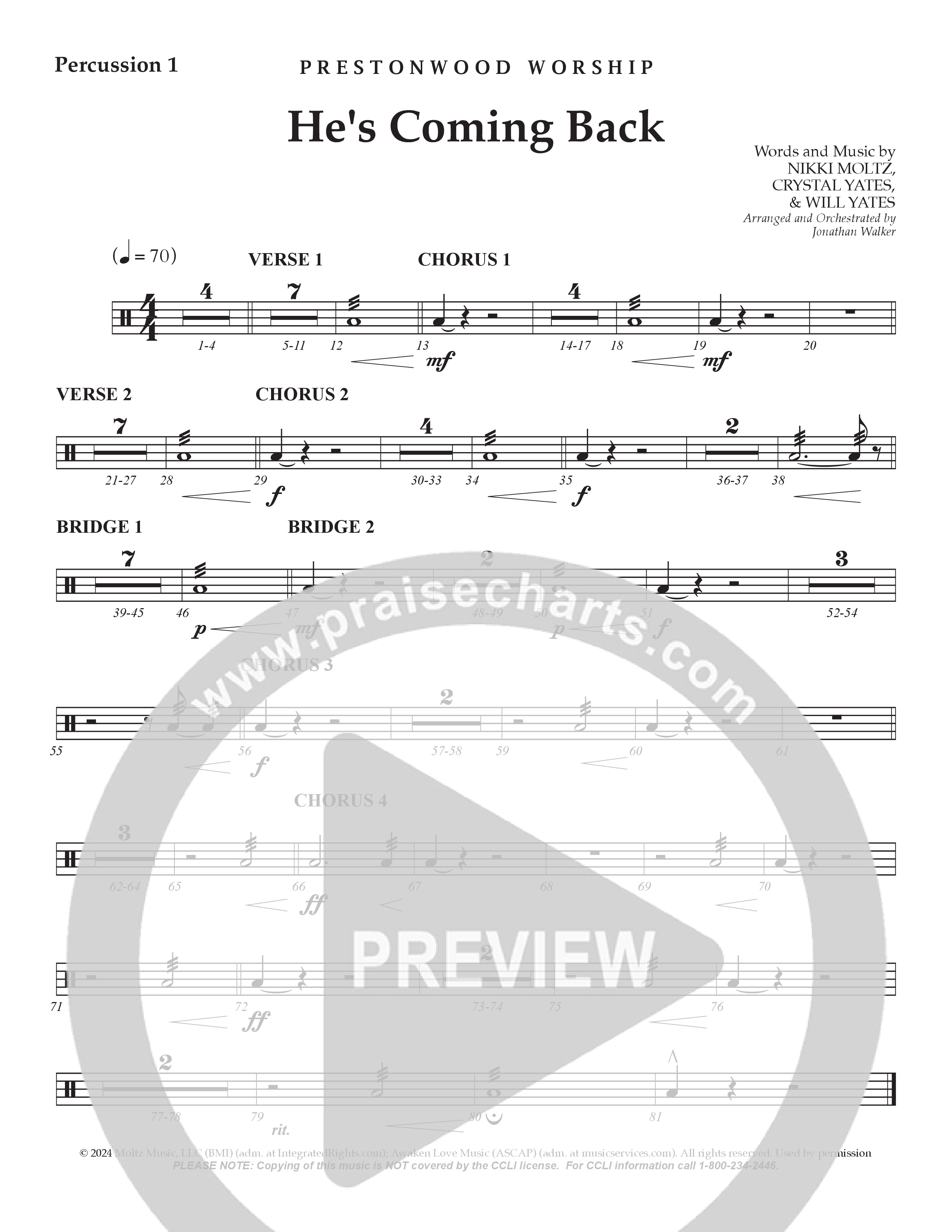 He's Coming Back (Choral Anthem SATB) Percussion (Prestonwood Worship / Arr. Jonathan Walker)