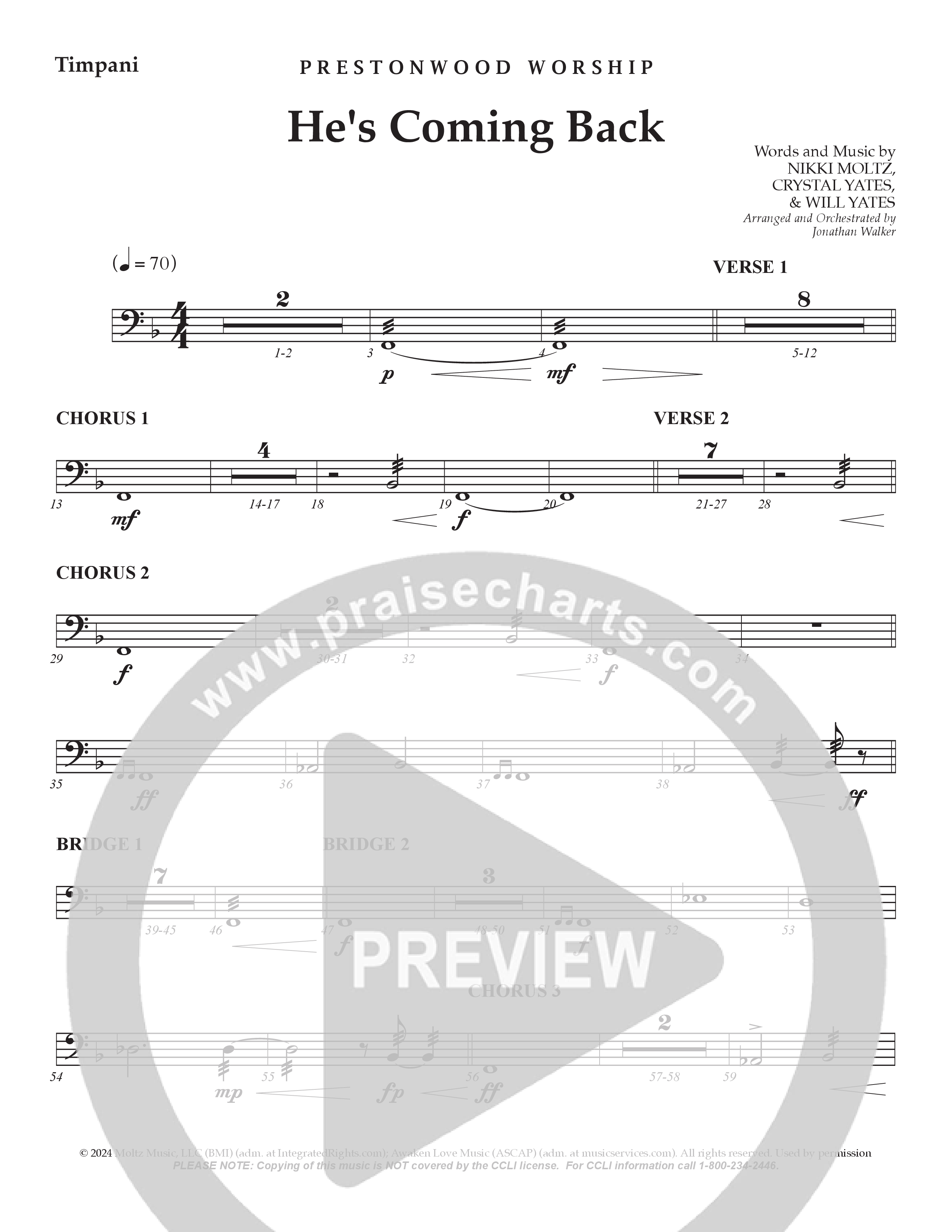He's Coming Back (Choral Anthem SATB) Timpani (Prestonwood Worship / Arr. Jonathan Walker)