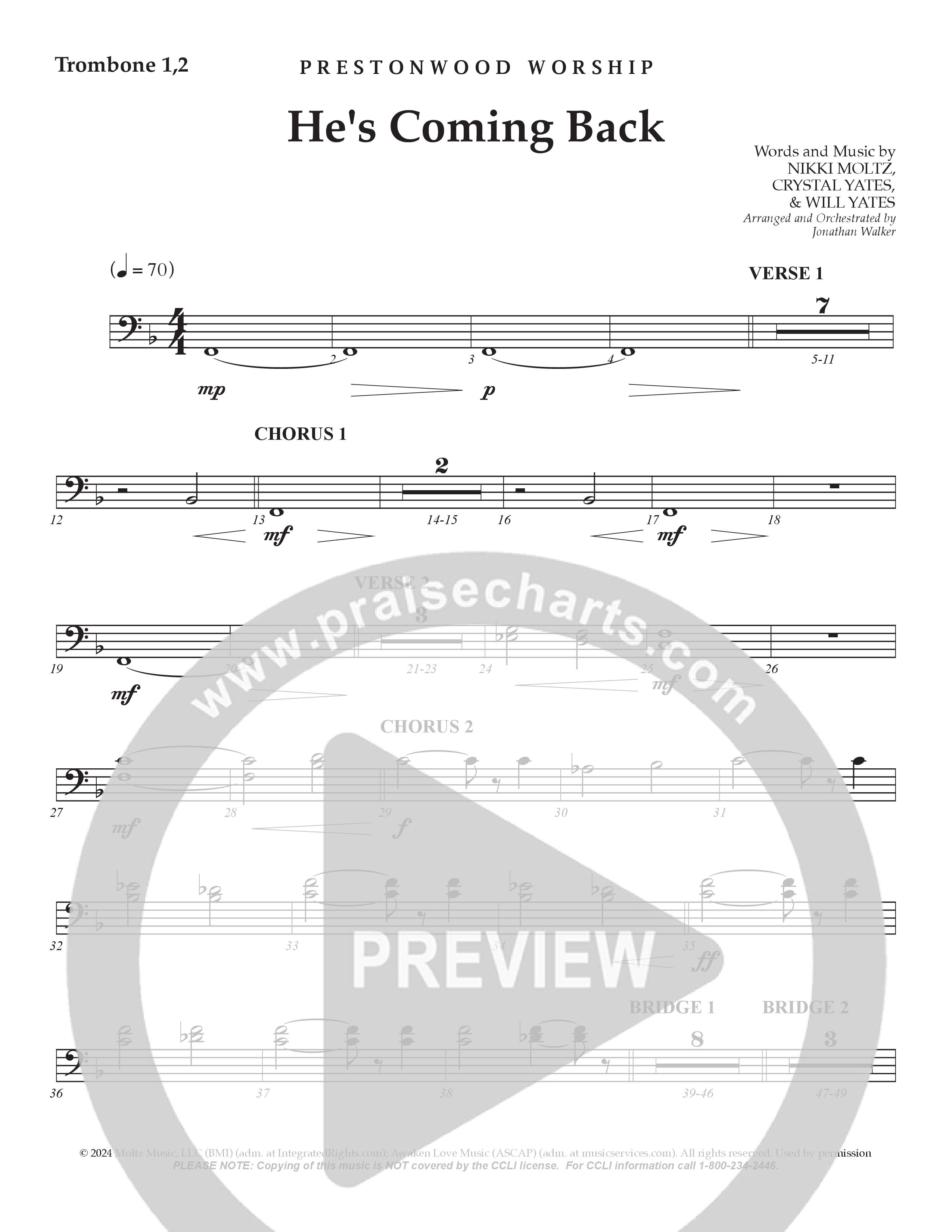 He's Coming Back (Choral Anthem SATB) Trombone 1/2 (Prestonwood Worship / Arr. Jonathan Walker)