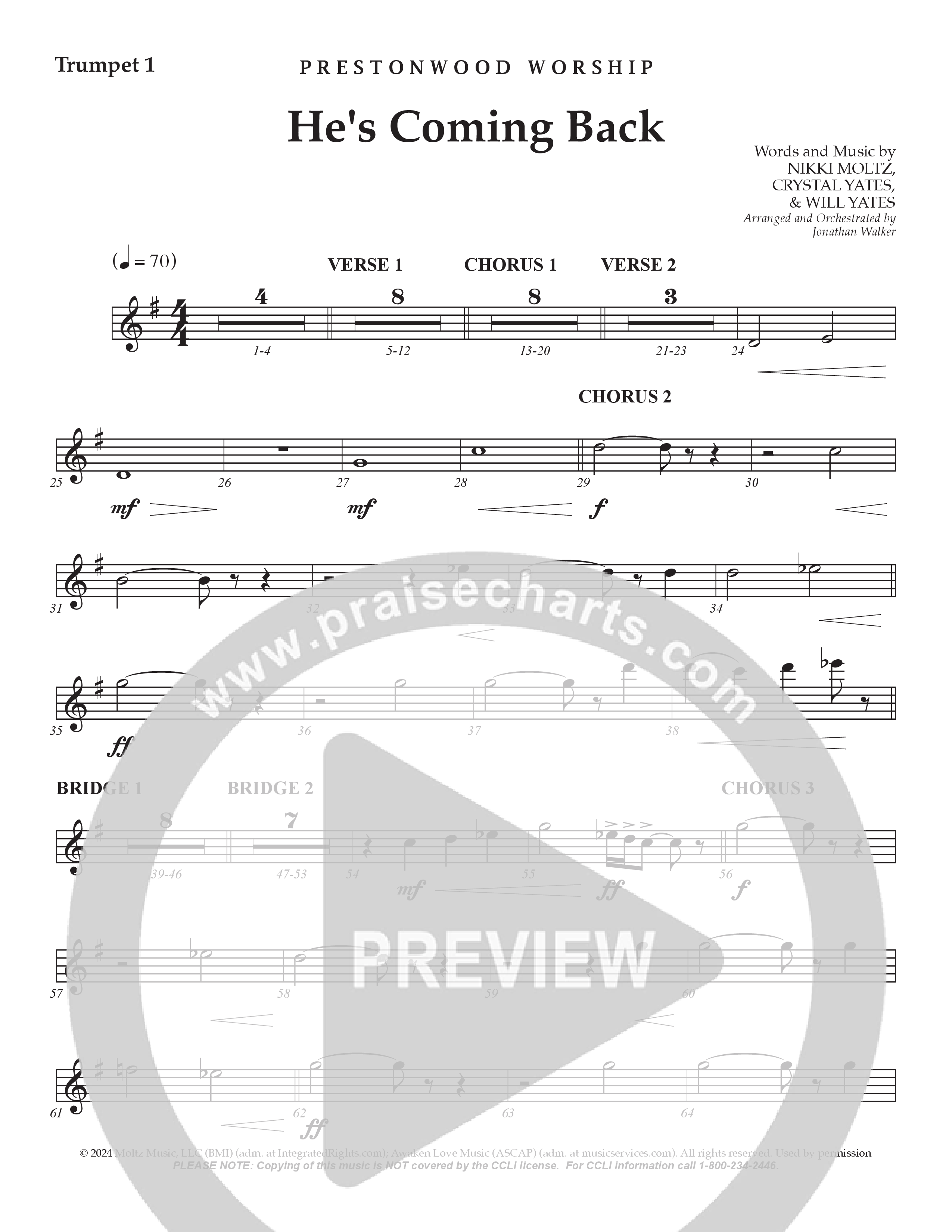 He's Coming Back (Choral Anthem SATB) Trumpet 1 (Prestonwood Worship / Arr. Jonathan Walker)