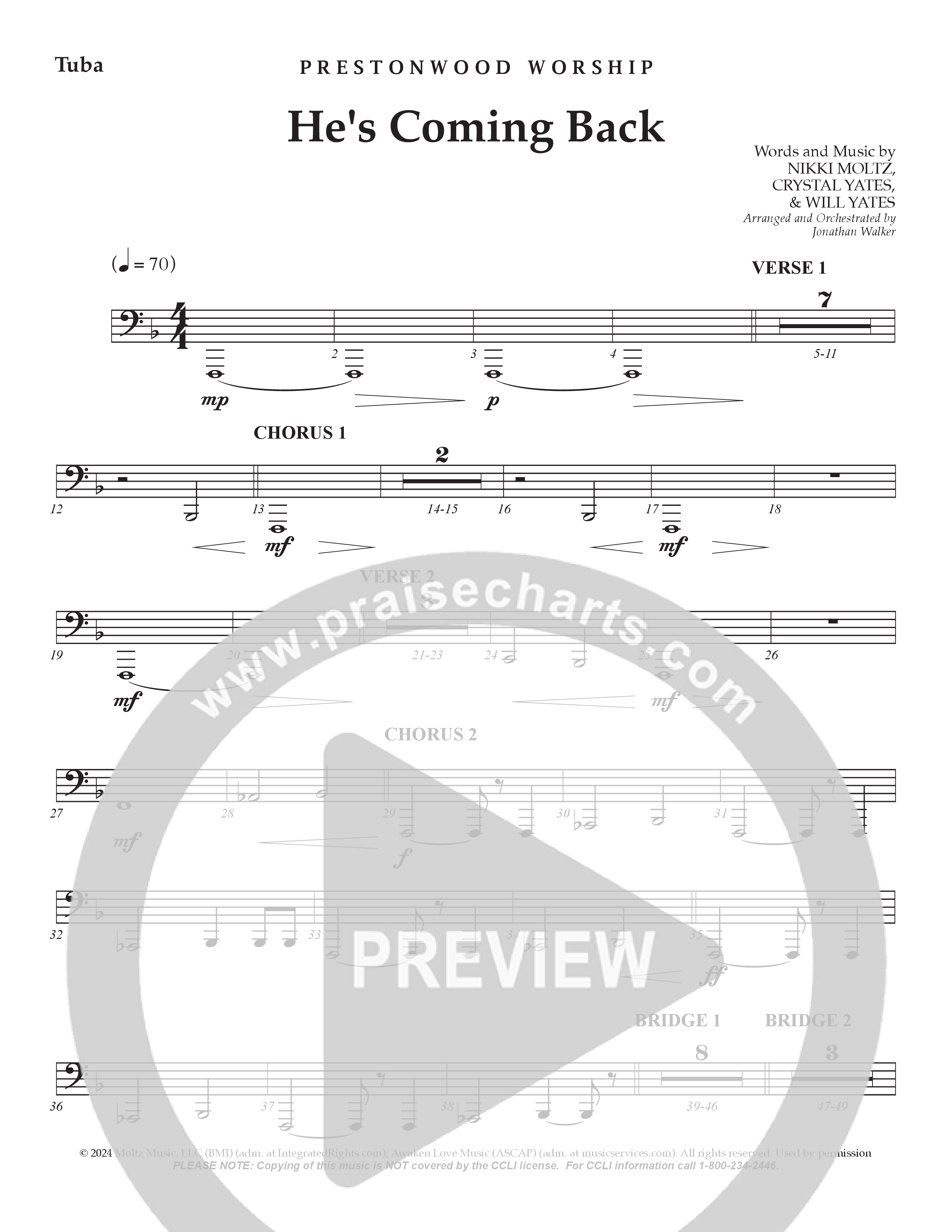 He's Coming Back (Choral Anthem SATB) Tuba (Prestonwood Worship / Arr. Jonathan Walker)