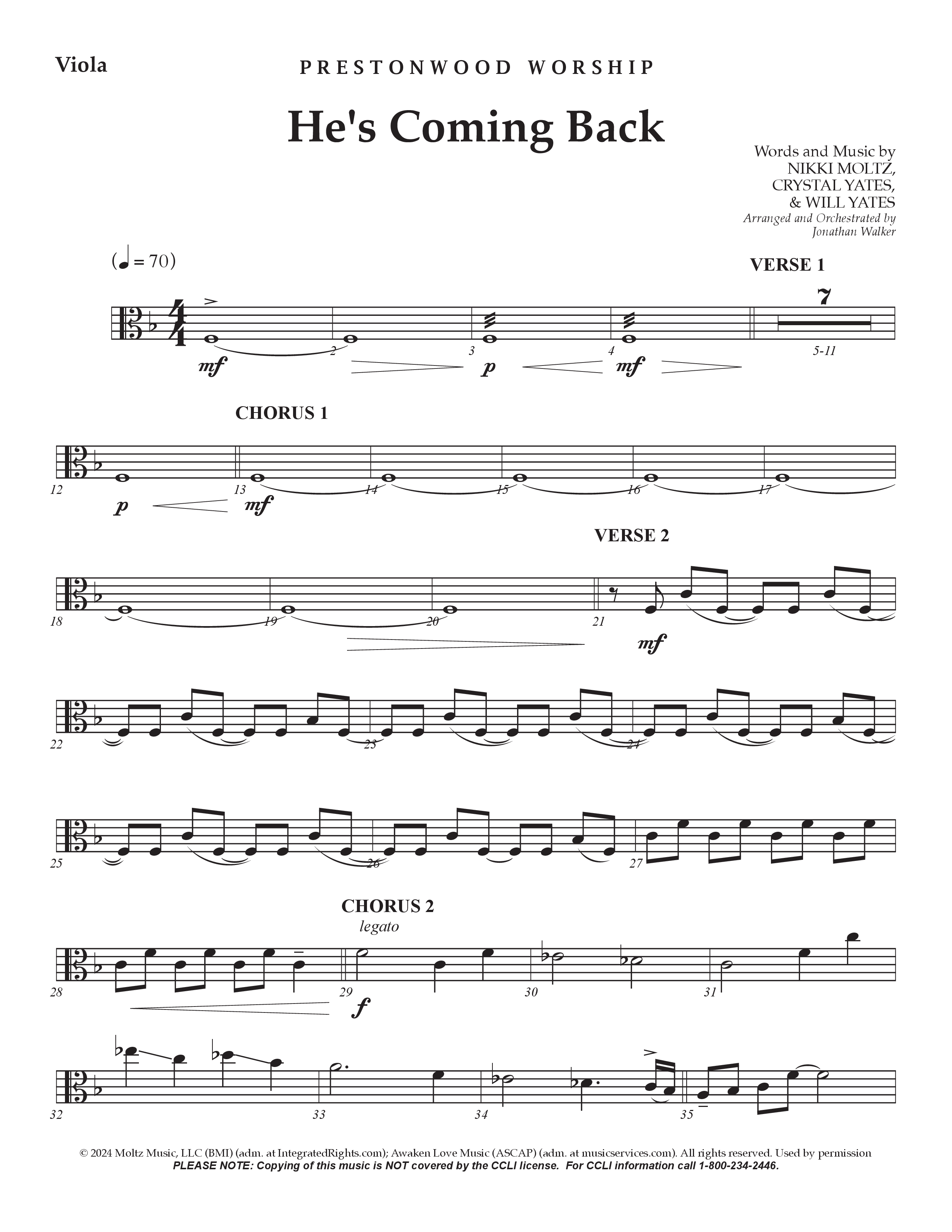 He's Coming Back (Choral Anthem SATB) Viola (Prestonwood Worship / Arr. Jonathan Walker)