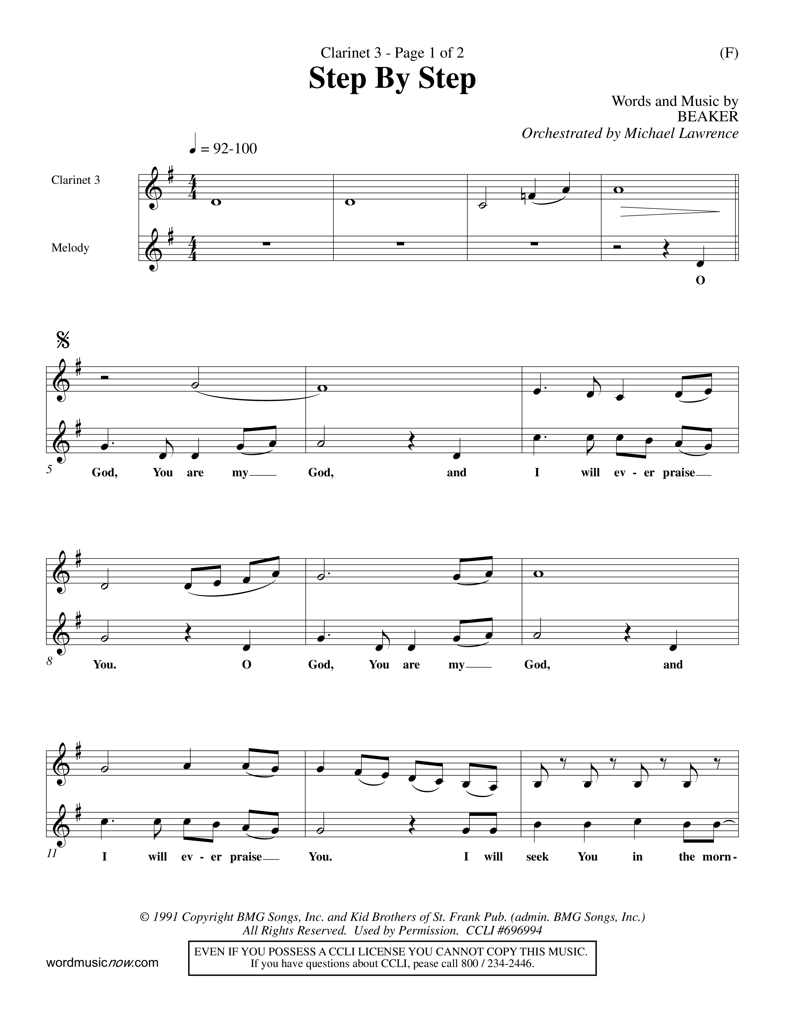 Step By Step (Choral Anthem SATB) Clarinet 3 (Word Music Choral / Orch. Michael Lawrence)