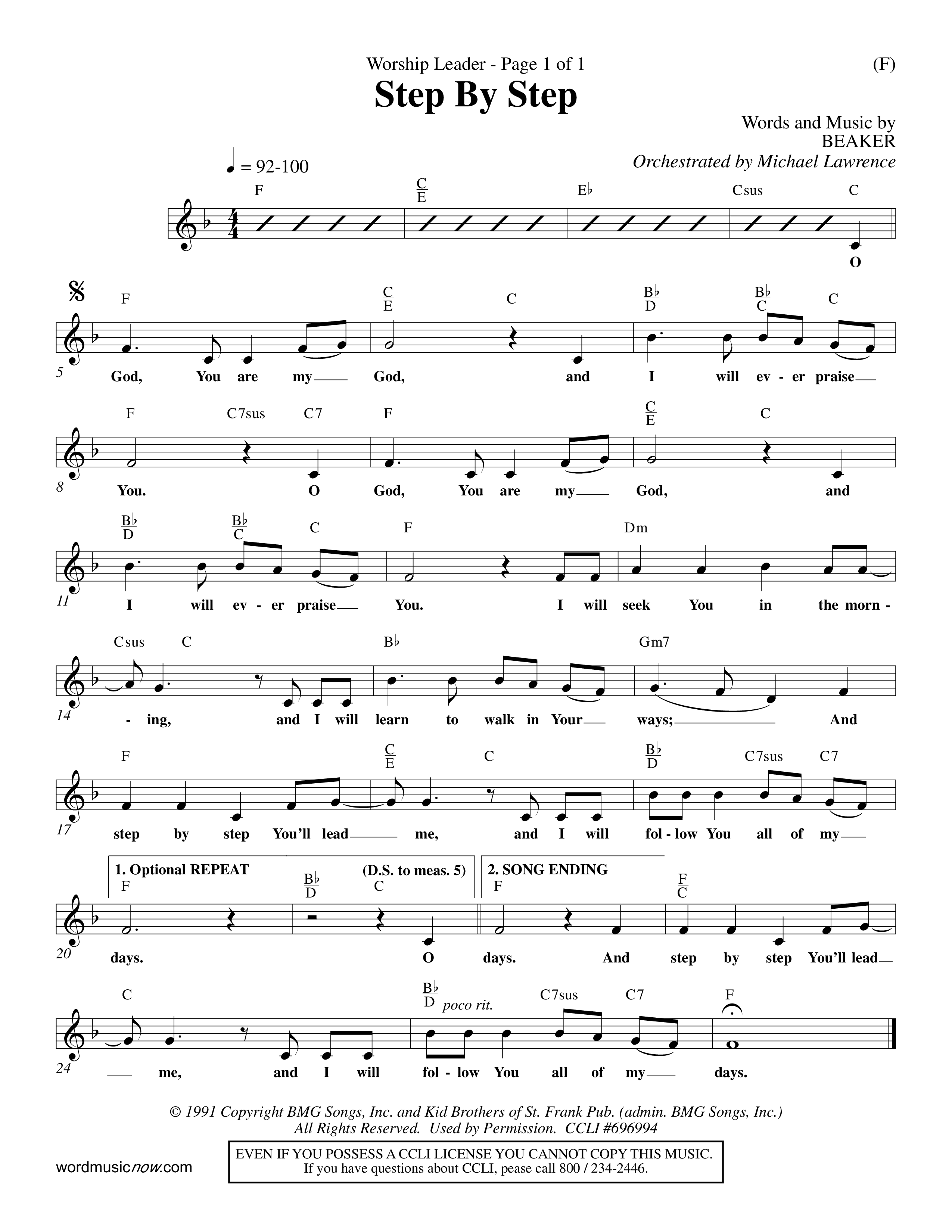Step By Step (Choral Anthem SATB) Lead Sheet (Mel) (Word Music Choral / Orch. Michael Lawrence)