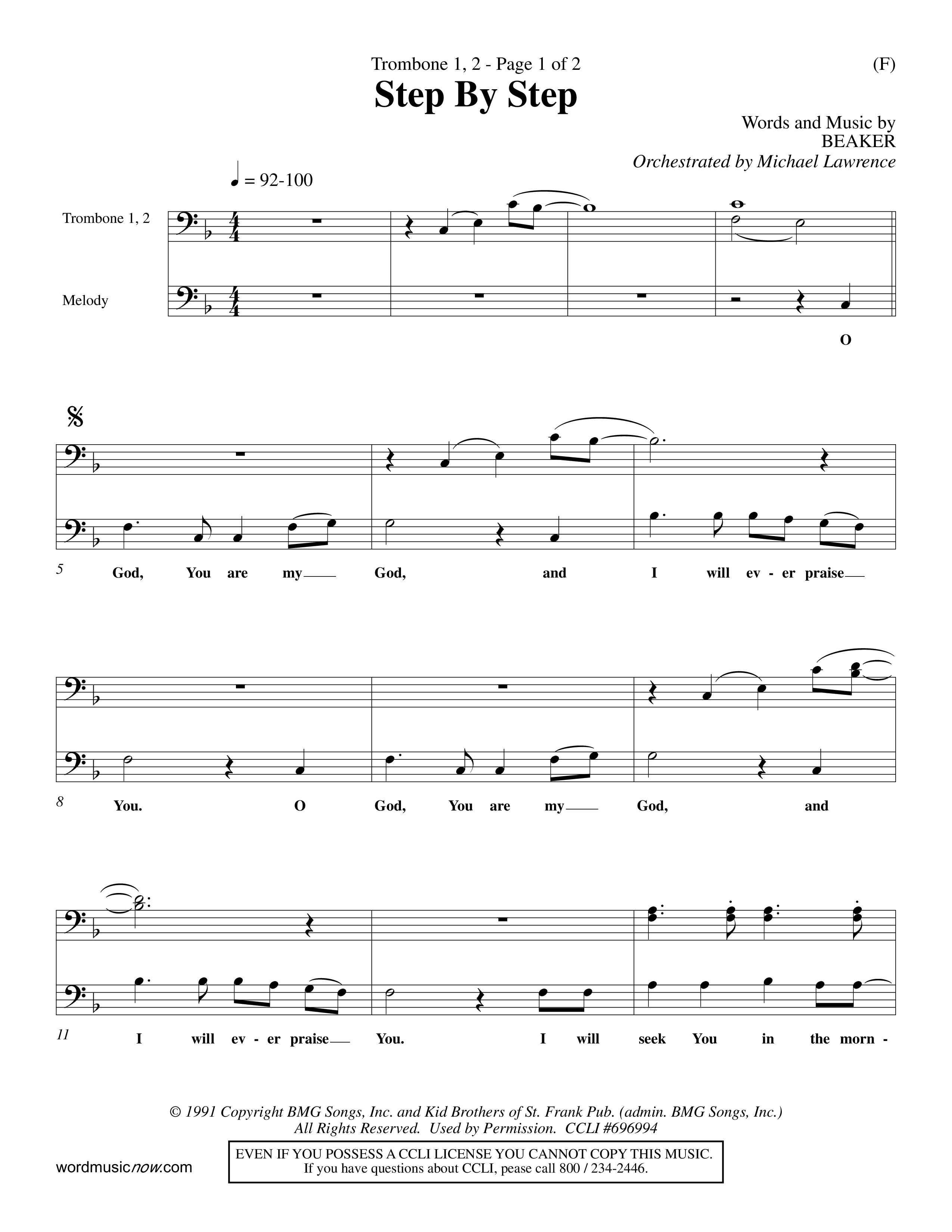 Step By Step (Choral Anthem SATB) Trombone 1/2 (Word Music Choral / Orch. Michael Lawrence)