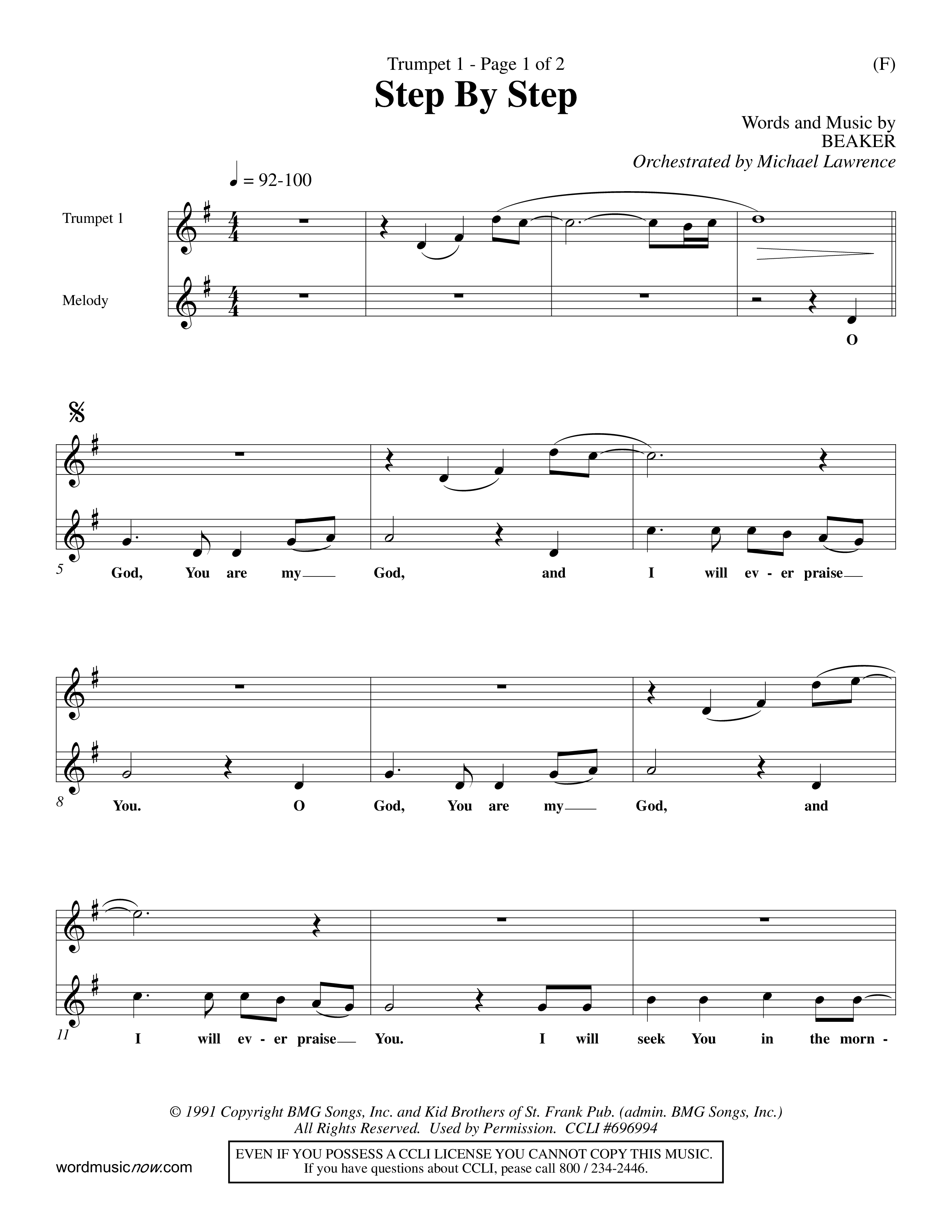 Step By Step (Choral Anthem SATB) Trumpet 1 (Word Music Choral / Orch. Michael Lawrence)