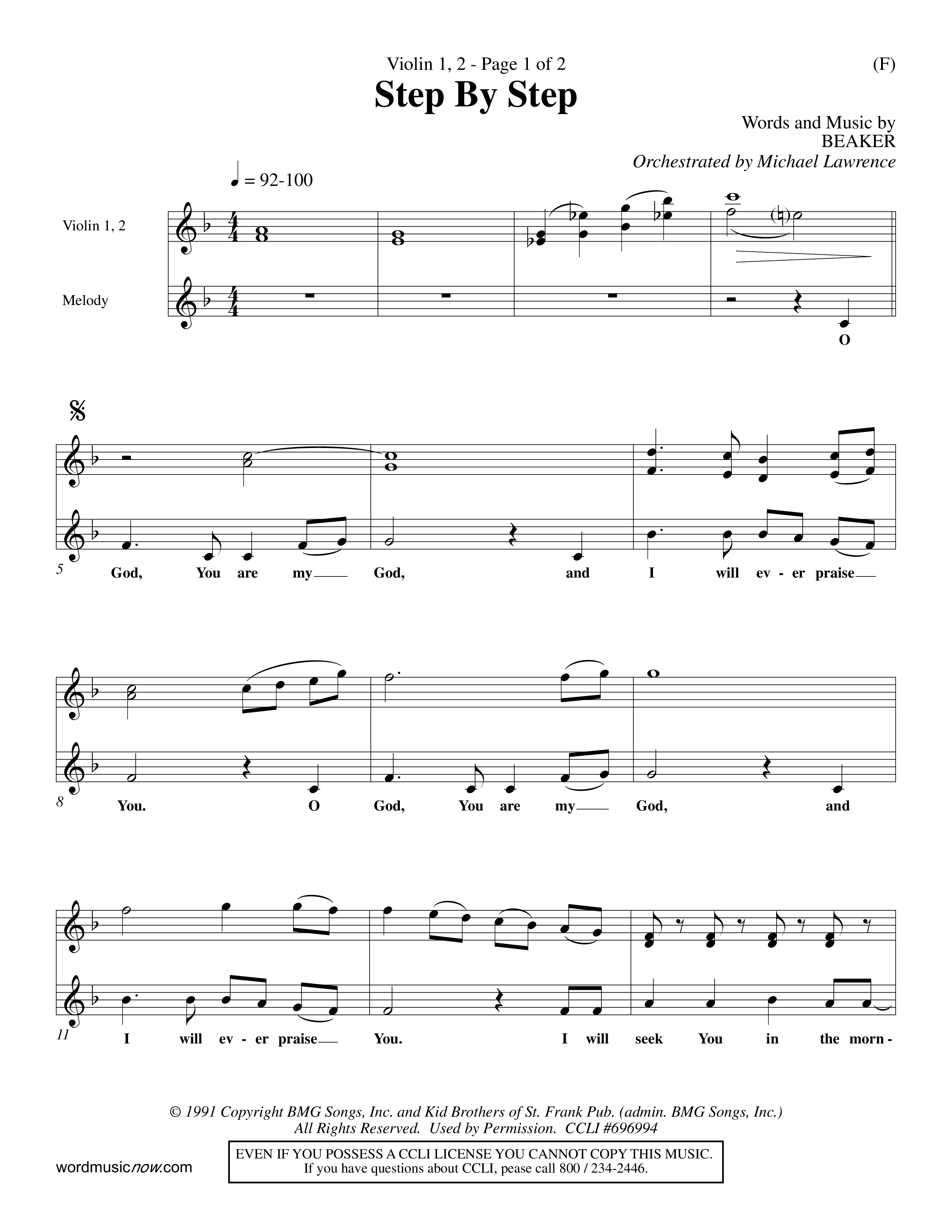 Step By Step (Choral Anthem SATB) Violin 1/2 (Word Music Choral / Orch. Michael Lawrence)