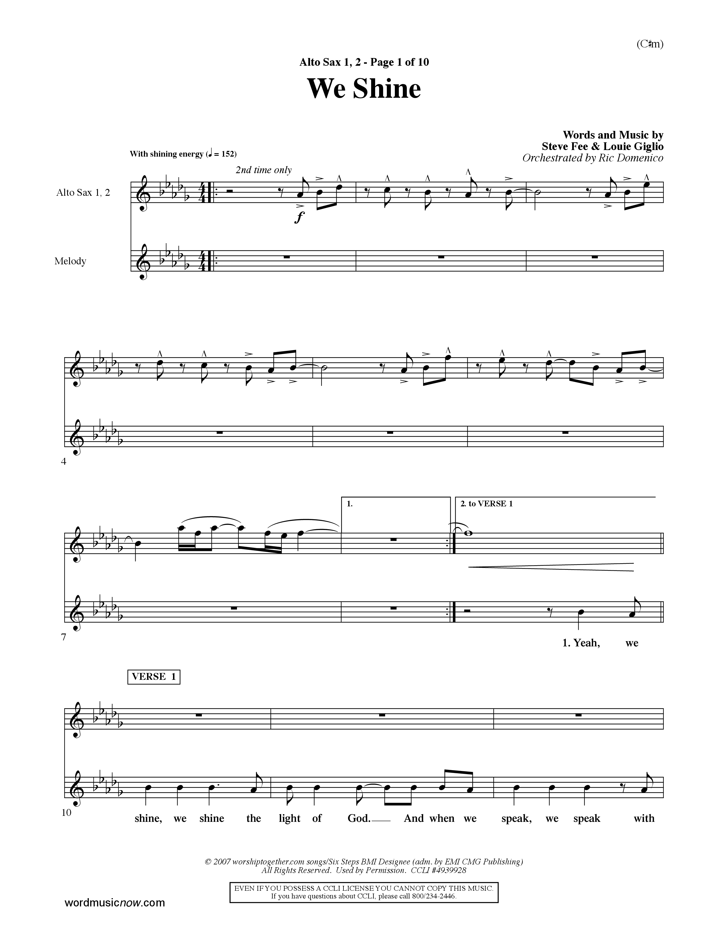 We Shine (Choral Anthem SATB) Alto Sax 1/2 (Word Music Choral / Orch. Ric Domenico)
