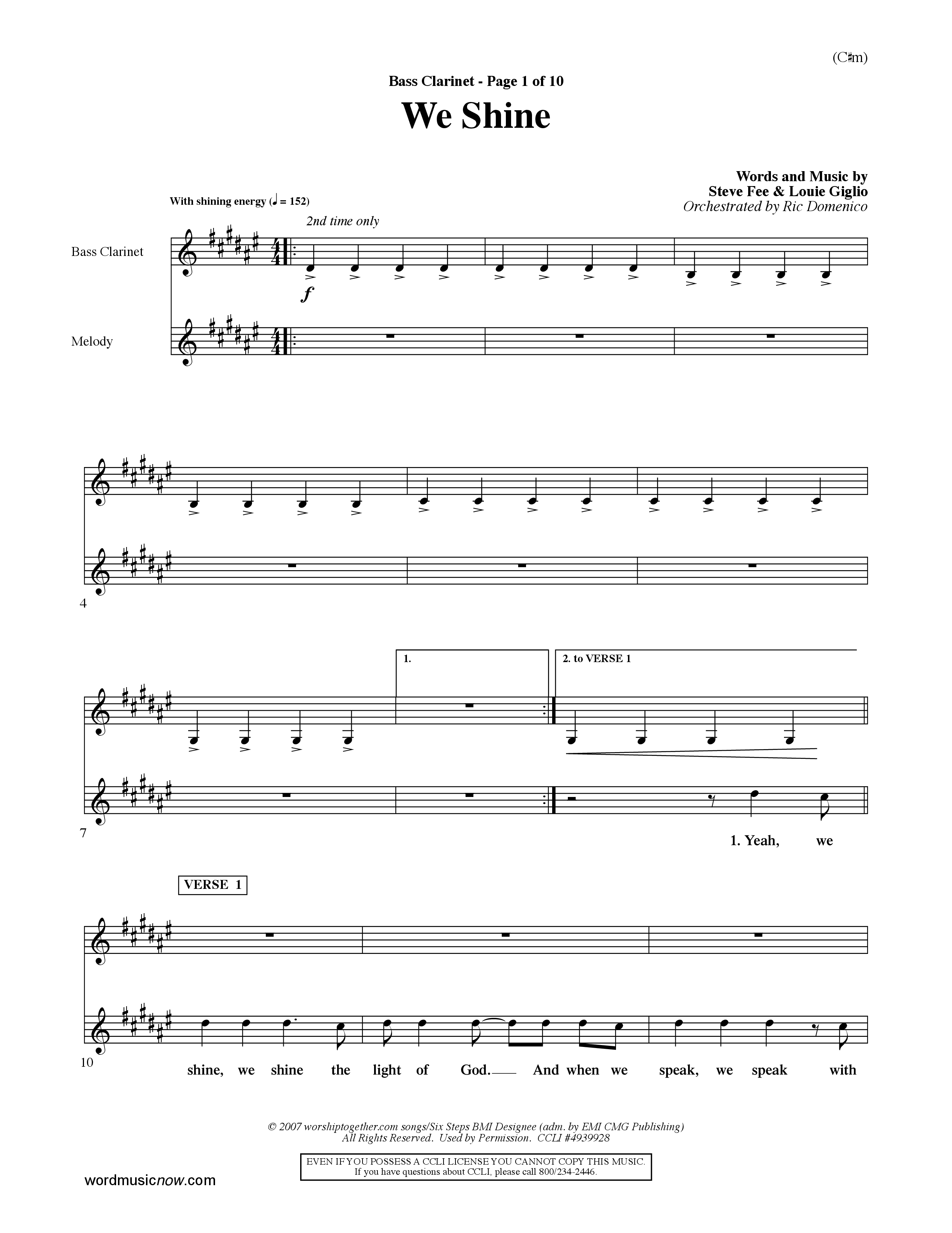 We Shine (Choral Anthem SATB) Bass Clarinet (Word Music Choral / Orch. Ric Domenico)