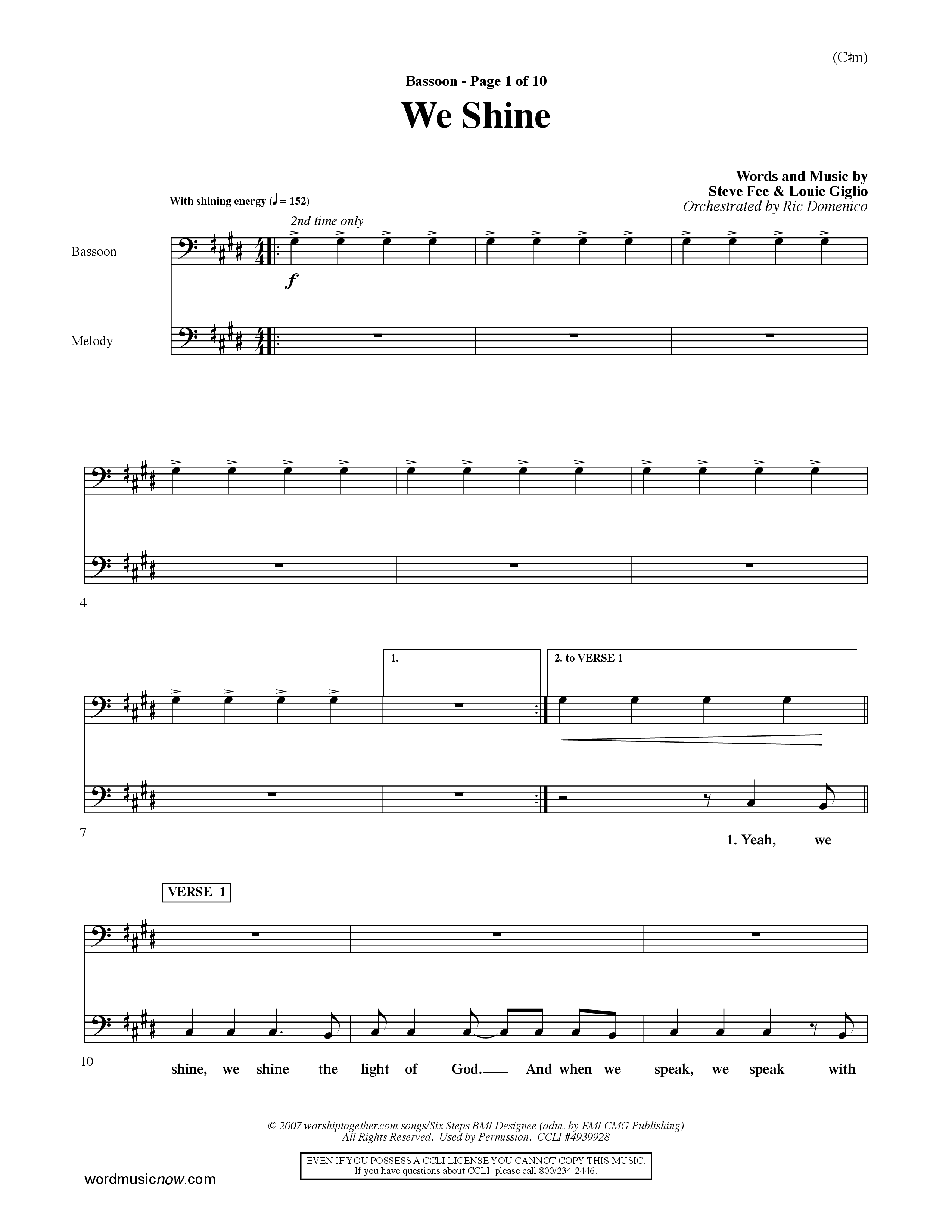 We Shine (Choral Anthem SATB) Bassoon (Word Music Choral / Orch. Ric Domenico)