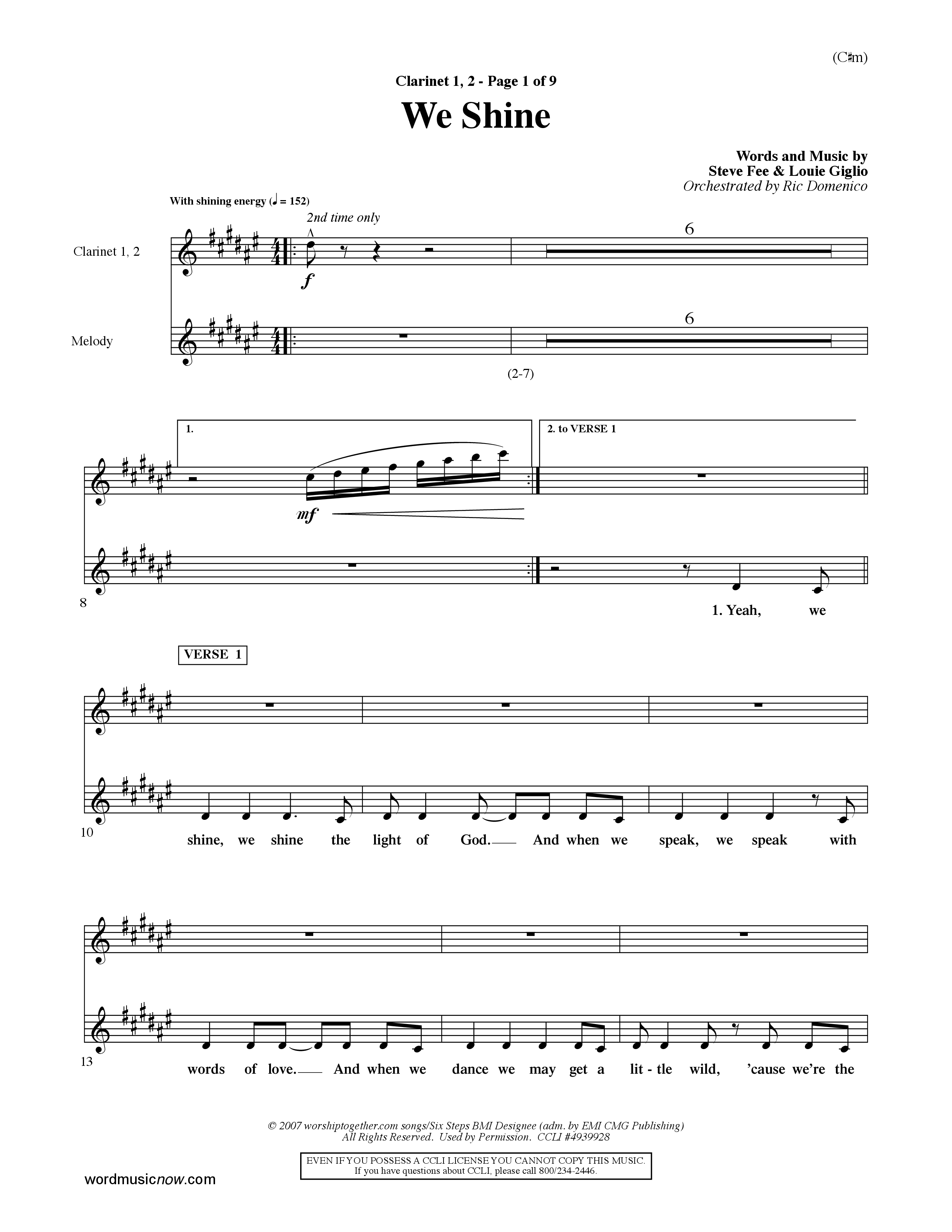 We Shine (Choral Anthem SATB) Clarinet 1/2 (Word Music Choral / Orch. Ric Domenico)