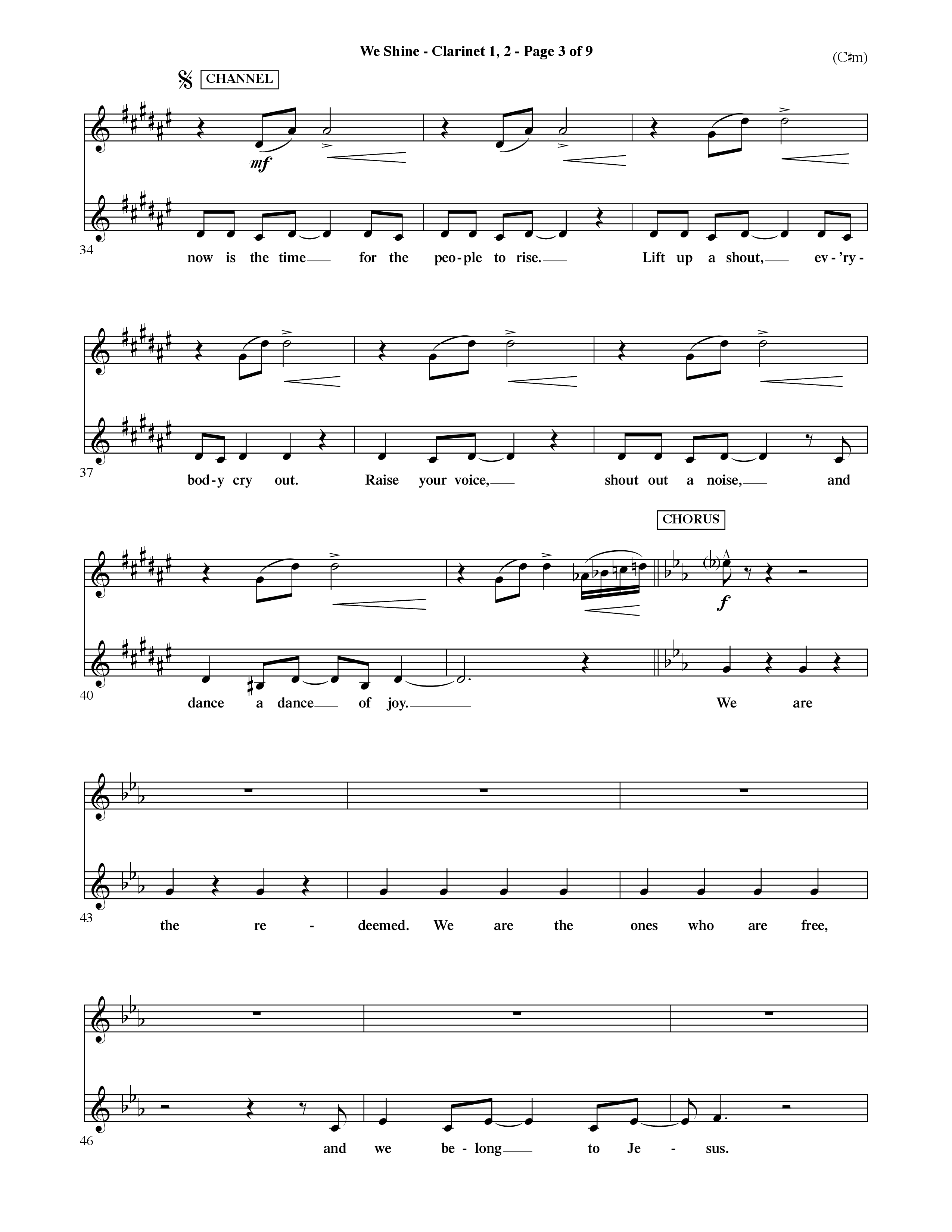We Shine (Choral Anthem SATB) Clarinet 1/2 (Word Music Choral / Orch. Ric Domenico)