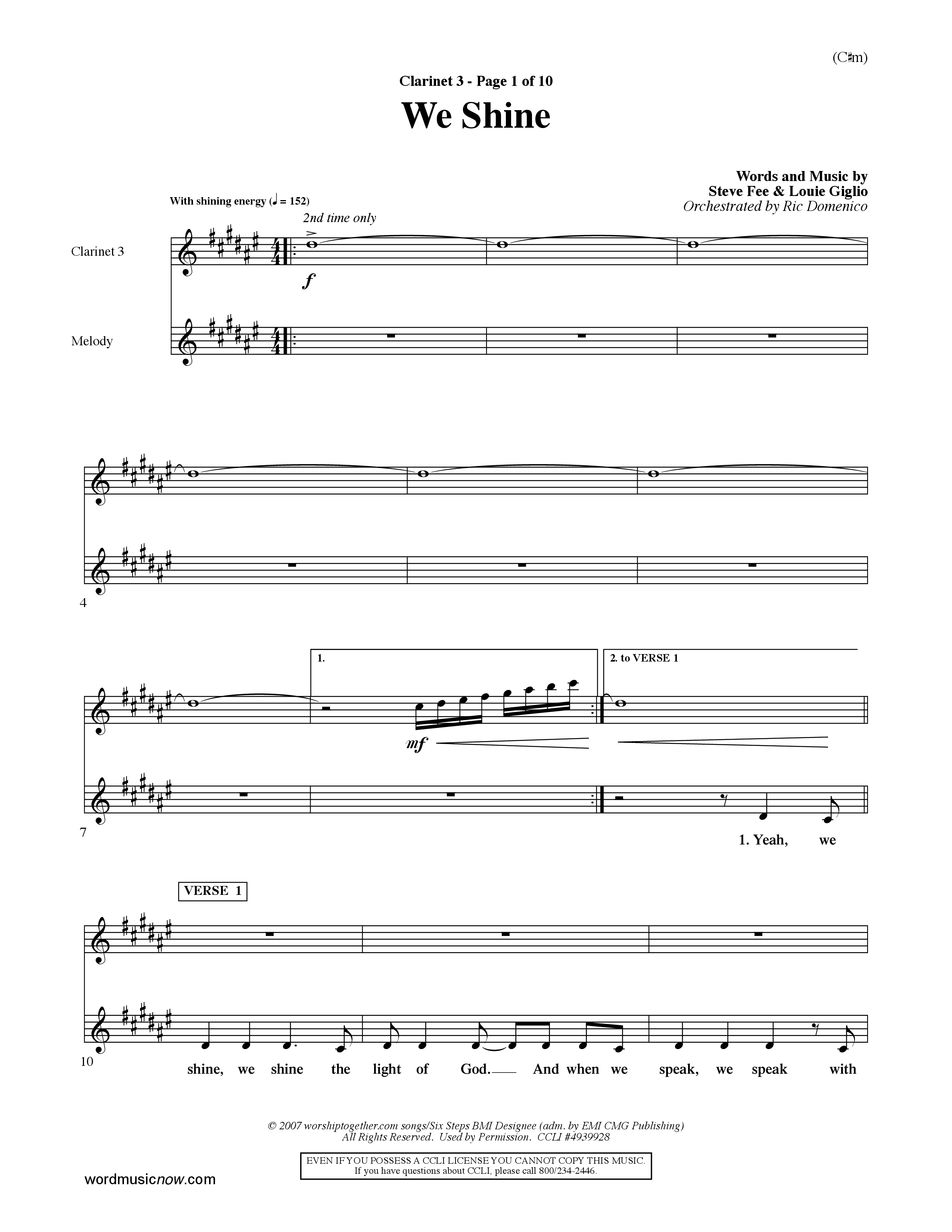We Shine (Choral Anthem SATB) Clarinet 3 (Word Music Choral / Orch. Ric Domenico)