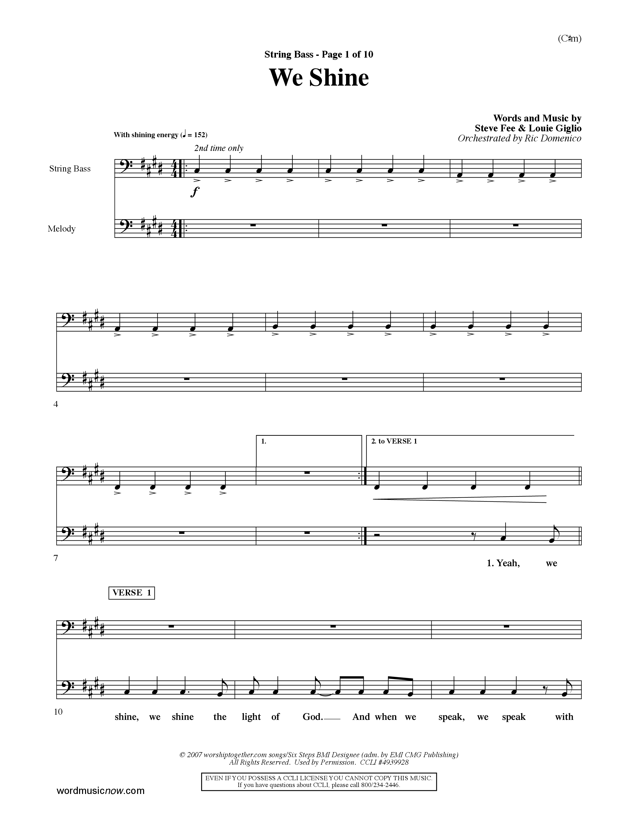 We Shine (Choral Anthem SATB) Double Bass (Word Music Choral / Orch. Ric Domenico)