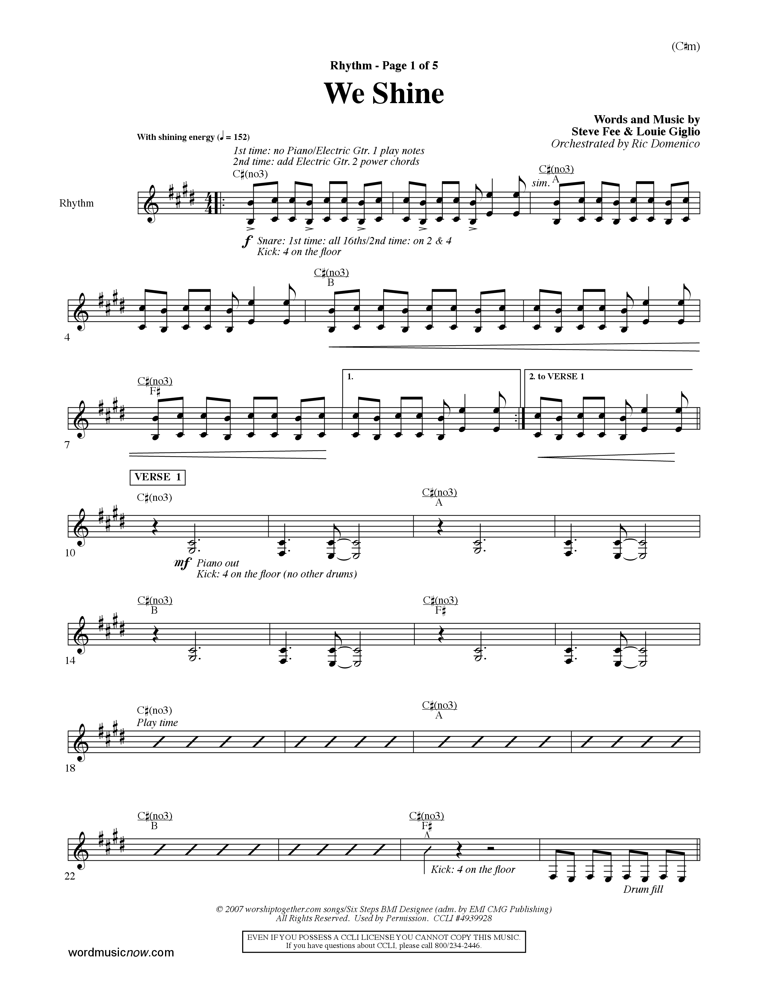 We Shine (Choral Anthem SATB) Rhythm Chart (Word Music Choral / Orch. Ric Domenico)