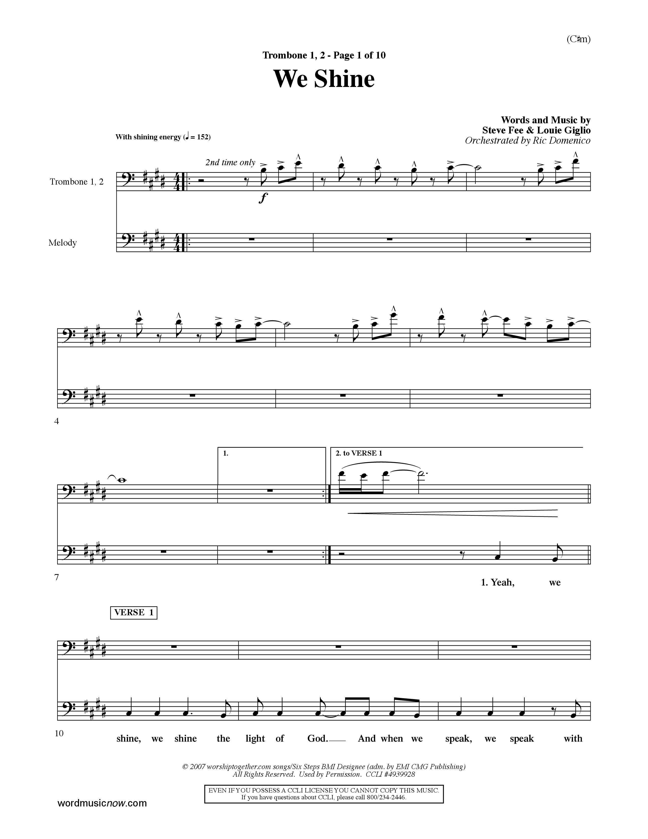 We Shine (Choral Anthem SATB) Trombone 1/2 (Word Music Choral / Orch. Ric Domenico)