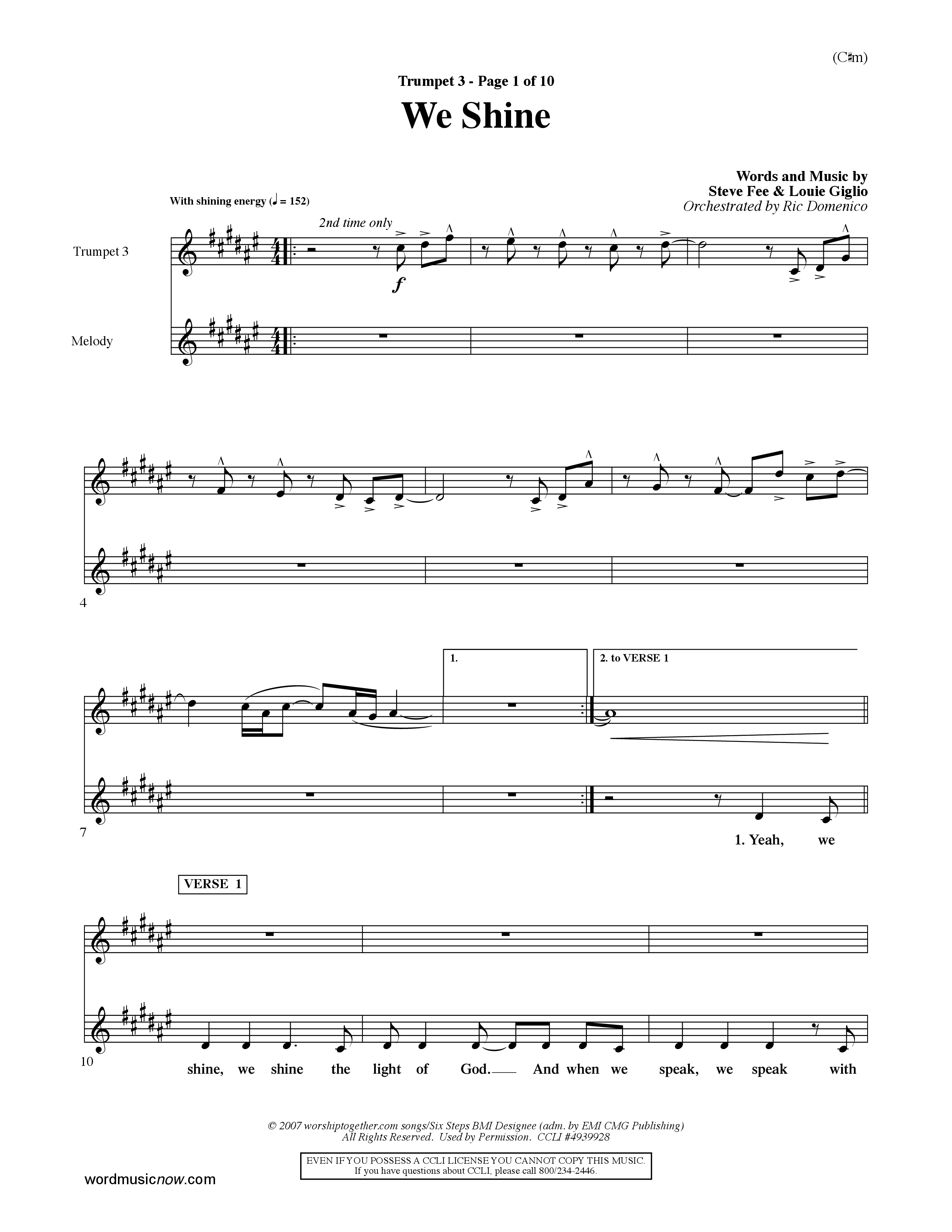 We Shine (Choral Anthem SATB) Trumpet 3 (Word Music Choral / Orch. Ric Domenico)