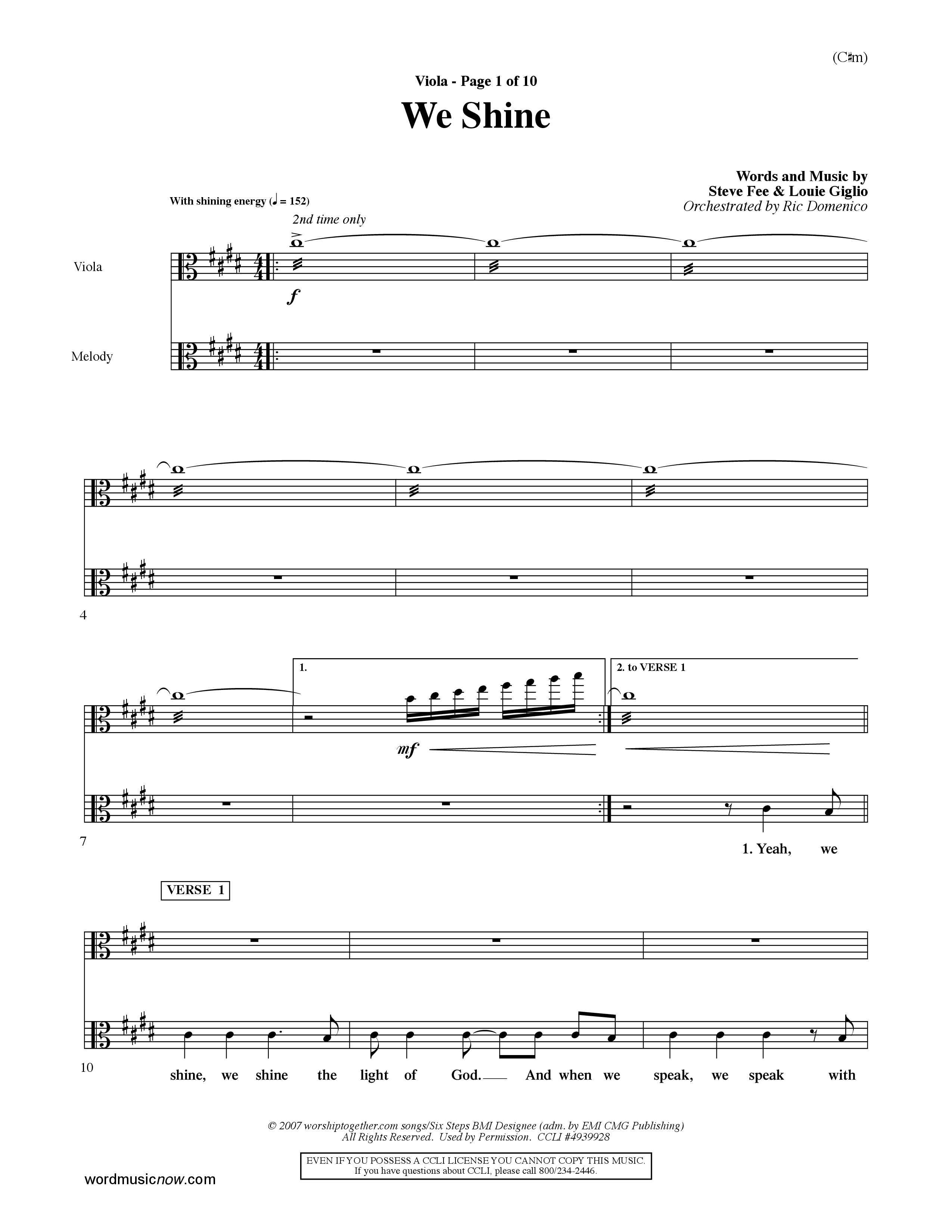 We Shine (Choral Anthem SATB) Viola (Word Music Choral / Orch. Ric Domenico)