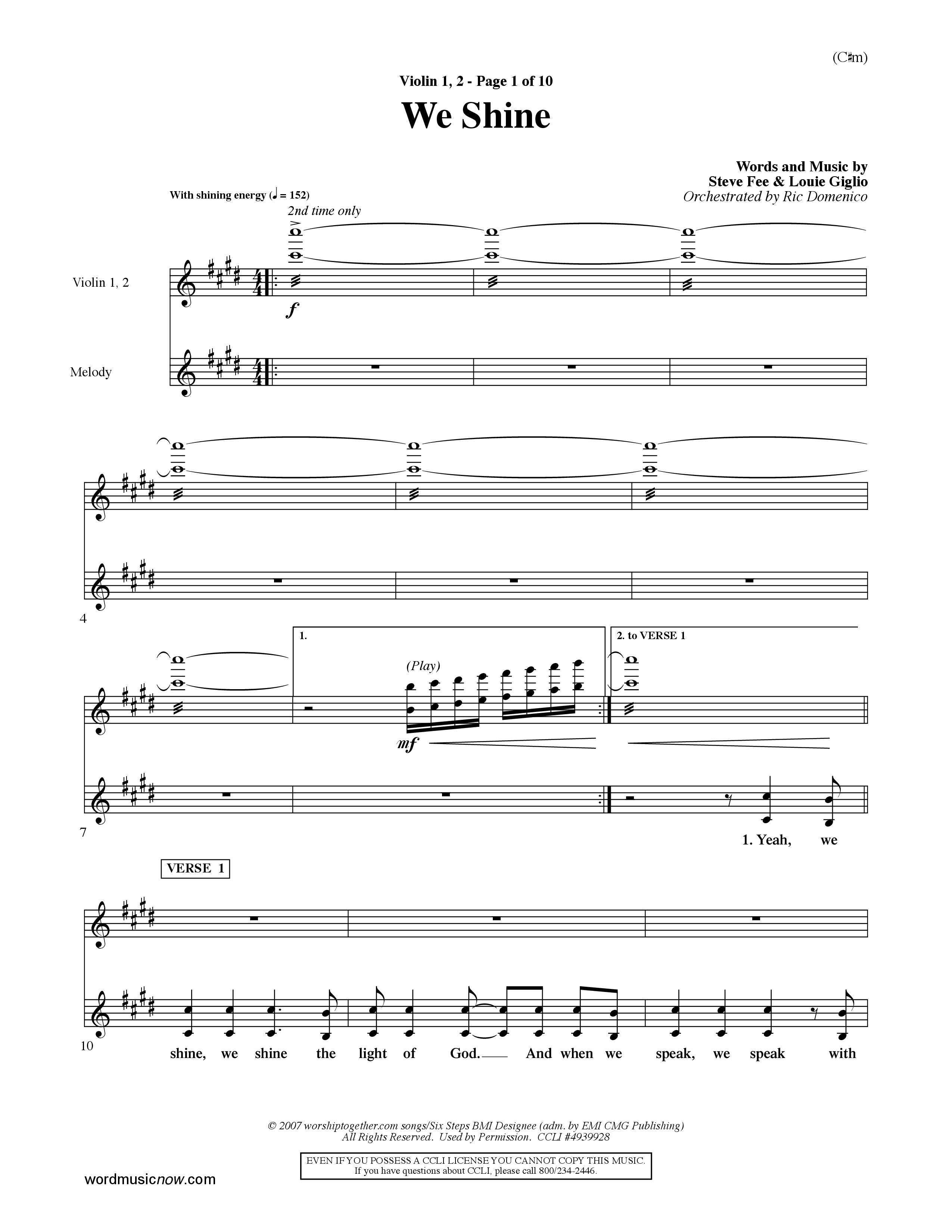 We Shine (Choral Anthem SATB) Violin 1/2 (Word Music Choral / Orch. Ric Domenico)
