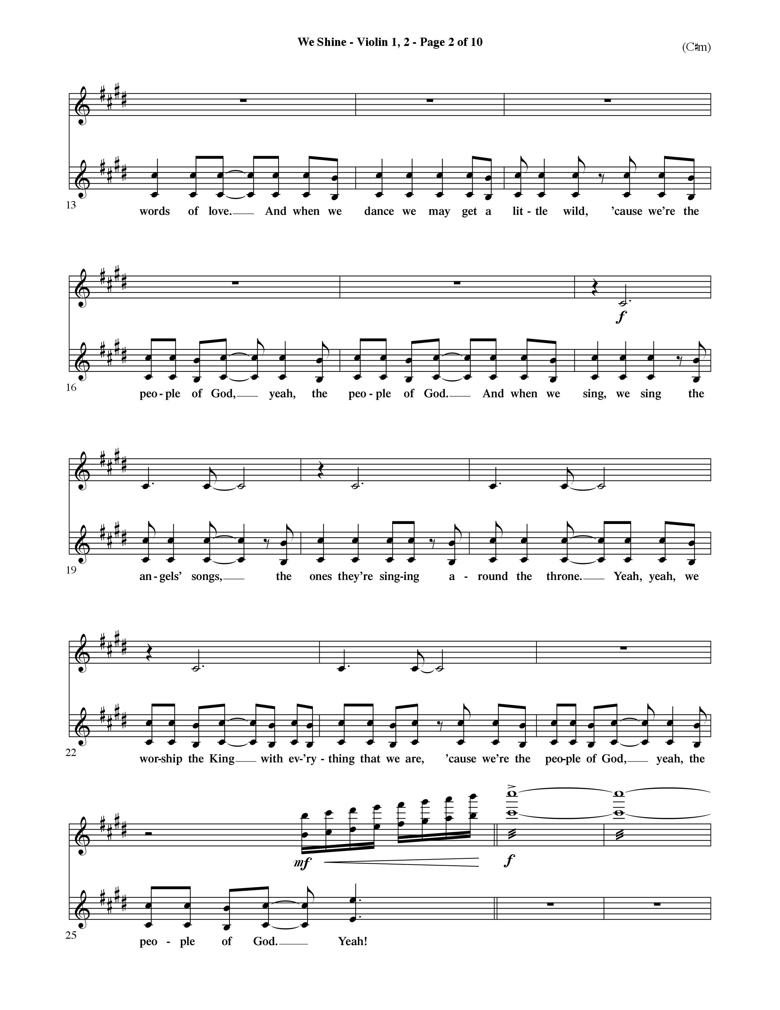 We Shine (Choral Anthem SATB) Violin 1/2 (Word Music Choral / Orch. Ric Domenico)